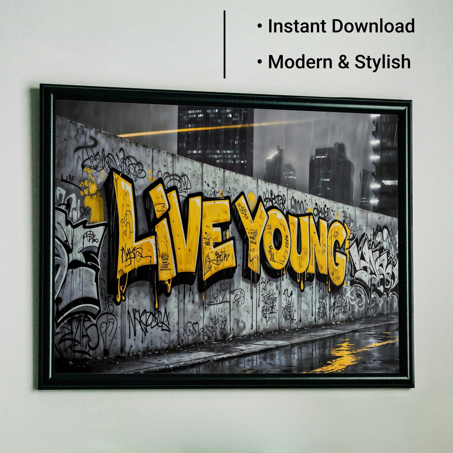 Live Young Graffiti | Bold Urban Wall Art | Street Art Digital Print | Yellow Accent | Modern Urban Décor | 100 x 70 cm - Arts To GloryLive Young Graffiti | Bold Urban Wall Art | Street Art Digital Print | Yellow Accent | Modern Urban Décor | 100 x 70 cmTextual NarrativesArts To GloryFramed art, available as an instant download, showcasing modern graffiti - style design, 100x70cm, ideal for contemporary urban décor.