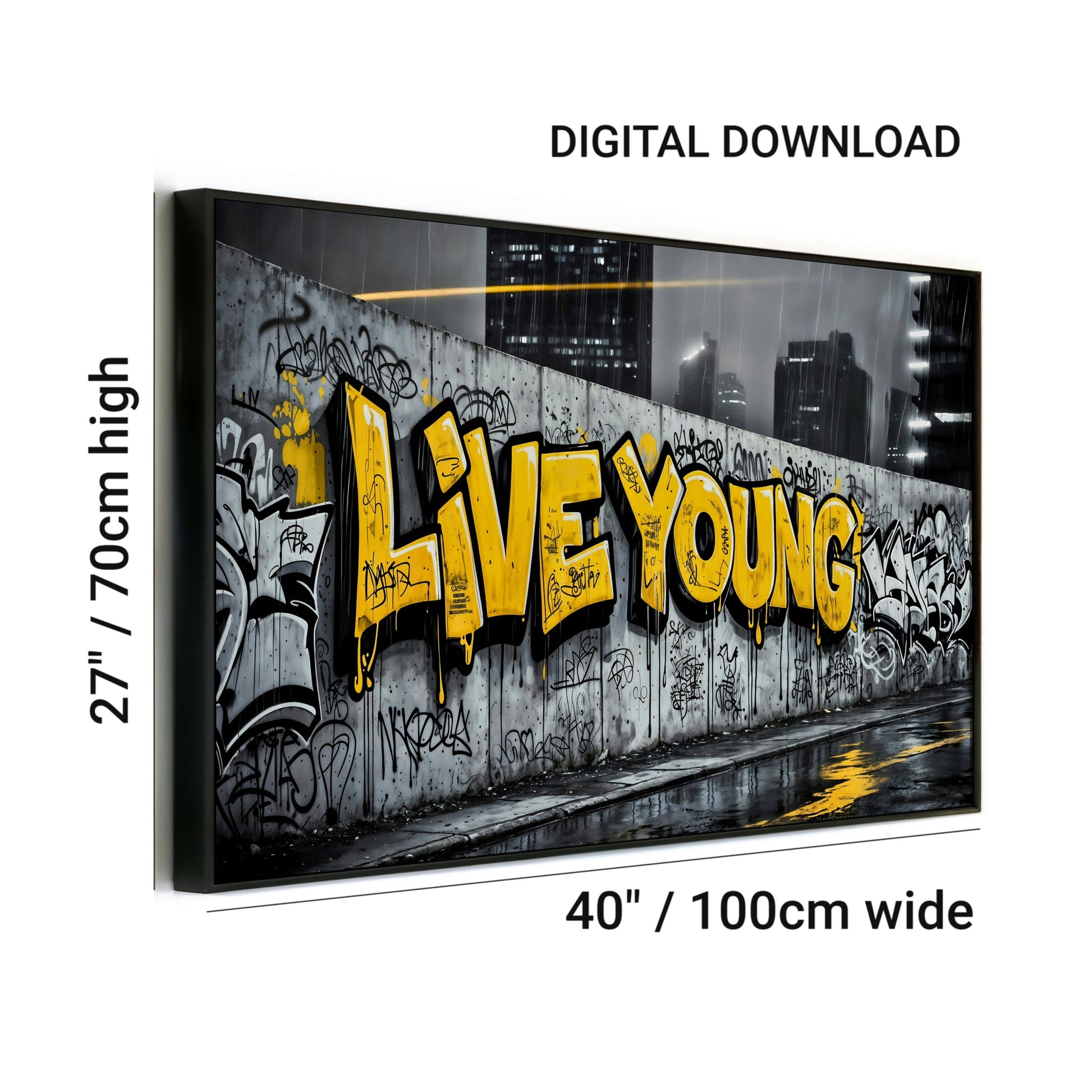 Live Young Graffiti | Bold Urban Wall Art | Street Art Digital Print | Yellow Accent | Modern Urban Décor | 100 x 70 cm - Arts To GloryLive Young Graffiti | Bold Urban Wall Art | Street Art Digital Print | Yellow Accent | Modern Urban Décor | 100 x 70 cmTextual NarrativesArts To GloryUrban digital download wall art with dimensions 100x70cm, featuring bold graffiti - style design, perfect for modern home décor.