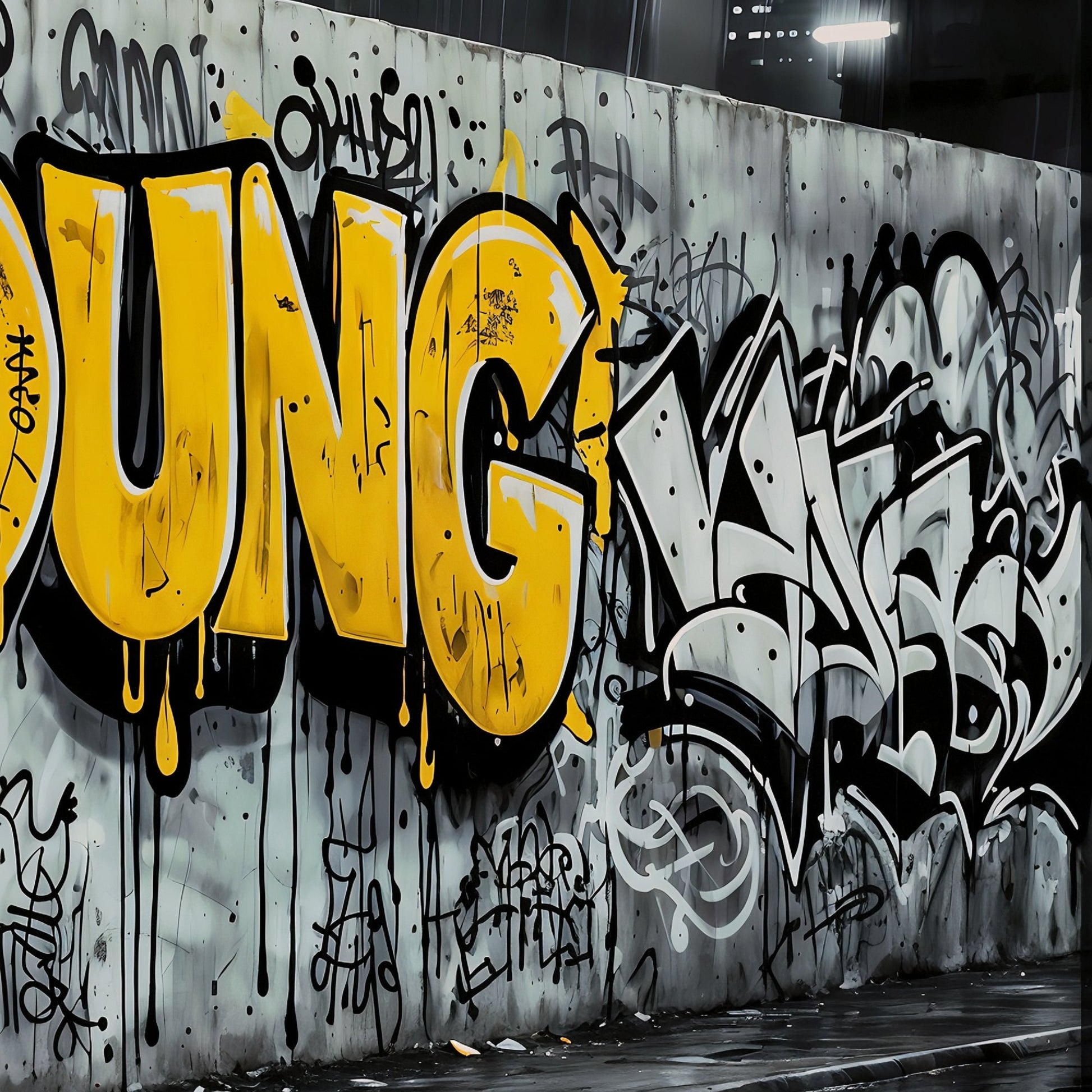 Live Young Graffiti | Bold Urban Wall Art | Street Art Digital Print | Yellow Accent | Modern Urban Décor | 100 x 70 cm - Arts To GloryLive Young Graffiti | Bold Urban Wall Art | Street Art Digital Print | Yellow Accent | Modern Urban Décor | 100 x 70 cmTextual NarrativesArts To GloryClose - up of the graffiti - style art piece, highlighting the bold text and intricate urban details, perfect for modern urban - themed décor.