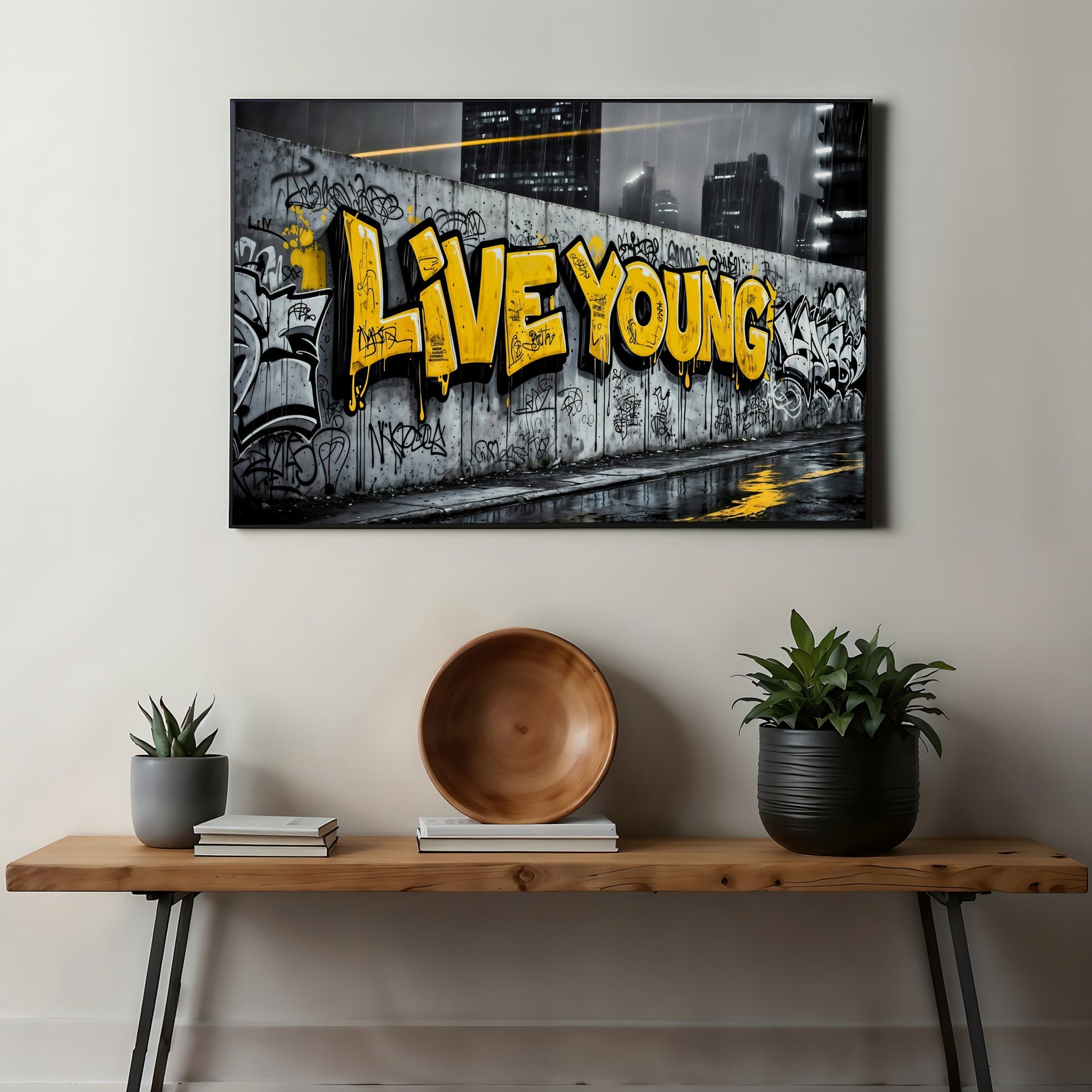 Live Young Graffiti | Bold Urban Wall Art | Street Art Digital Print | Yellow Accent | Modern Urban Décor | 100 x 70 cm - Arts To GloryLive Young Graffiti | Bold Urban Wall Art | Street Art Digital Print | Yellow Accent | Modern Urban Décor | 100 x 70 cmTextual NarrativesArts To GloryUrban modern wall art displayed in a stylish living room, featuring bold text against a city backdrop, perfect for contemporary home décor, 100x70cm.