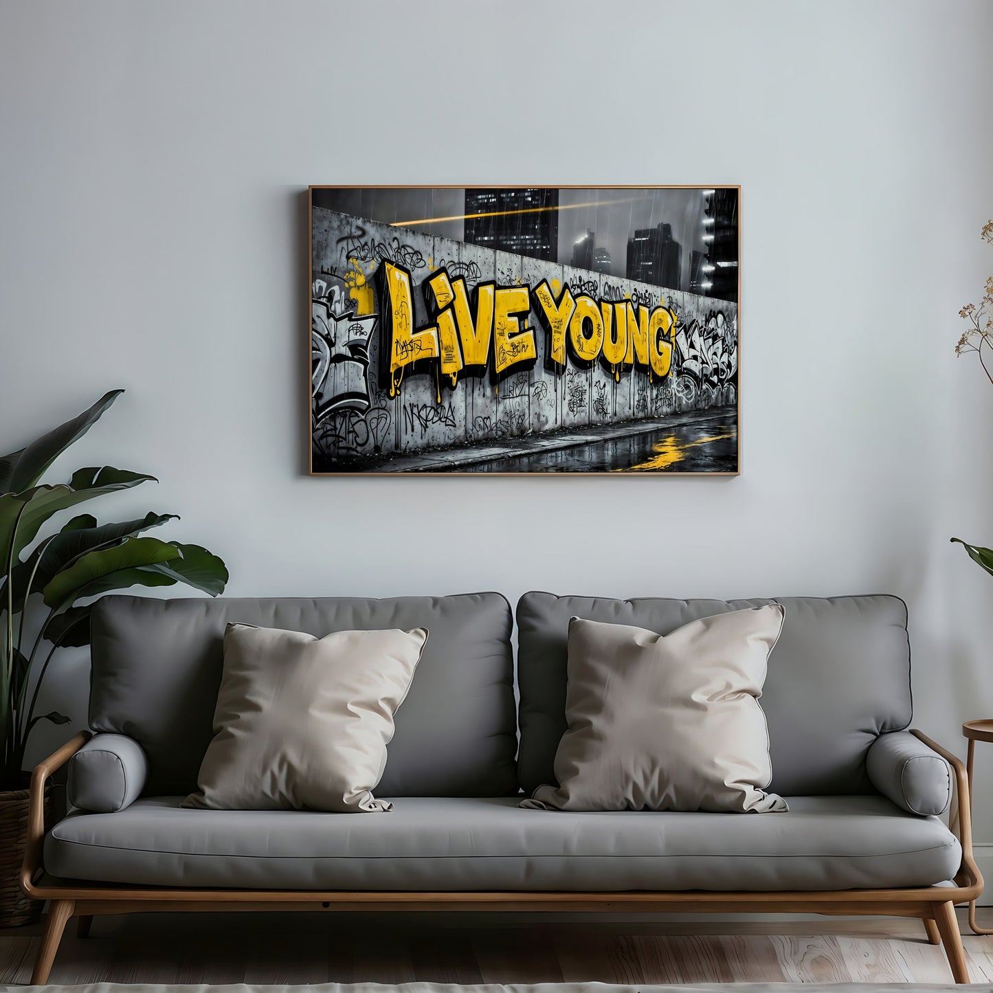 Live Young Graffiti | Bold Urban Wall Art | Street Art Digital Print | Yellow Accent | Modern Urban Décor | 100 x 70 cm - Arts To GloryLive Young Graffiti | Bold Urban Wall Art | Street Art Digital Print | Yellow Accent | Modern Urban Décor | 100 x 70 cmTextual NarrativesArts To GloryUrban wall art displayed in a modern living room setting, featuring bold text against a cityscape background, ideal for contemporary home décor, 100x70cm.