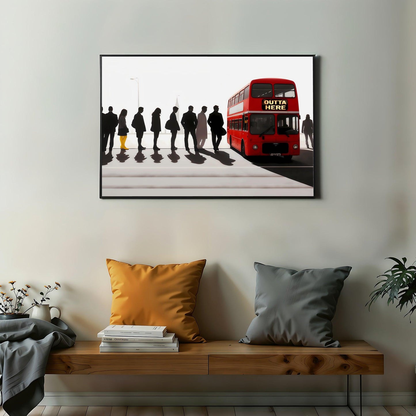 London Bus & Woman in Yellow Boots | Modern Digital Wall Art Set | Abstract Travel Theme | Digital Download | 100 x 70 cm - Arts To GloryLondon Bus & Woman in Yellow Boots | Modern Digital Wall Art Set | Abstract Travel Theme | Digital Download | 100 x 70 cmTextual NarrativesArts To GloryCanvas of a London bus with OUTTA HERE displayed and a queue of people, highlighted by yellow boots, against a living room wall.