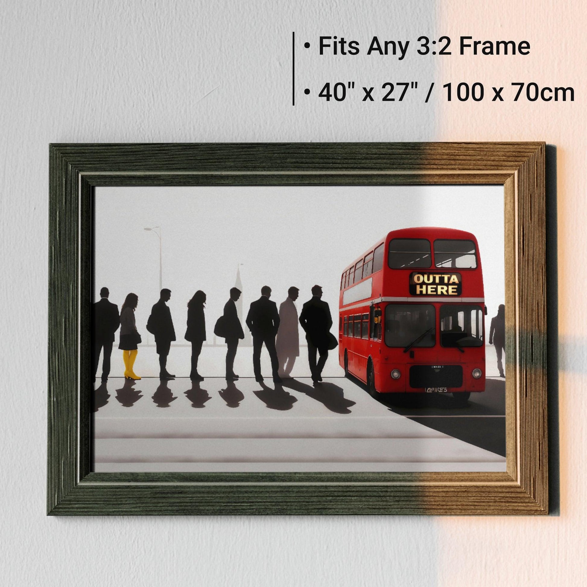 London Bus & Woman in Yellow Boots | Modern Digital Wall Art Set | Abstract Travel Theme | Digital Download | 100 x 70 cm - Arts To GloryLondon Bus & Woman in Yellow Boots | Modern Digital Wall Art Set | Abstract Travel Theme | Digital Download | 100 x 70 cmTextual NarrativesArts To GloryFramed art print of silhouetted figures and a red London bus with OUTTA HERE sign, with yellow boots accent, on a wall.