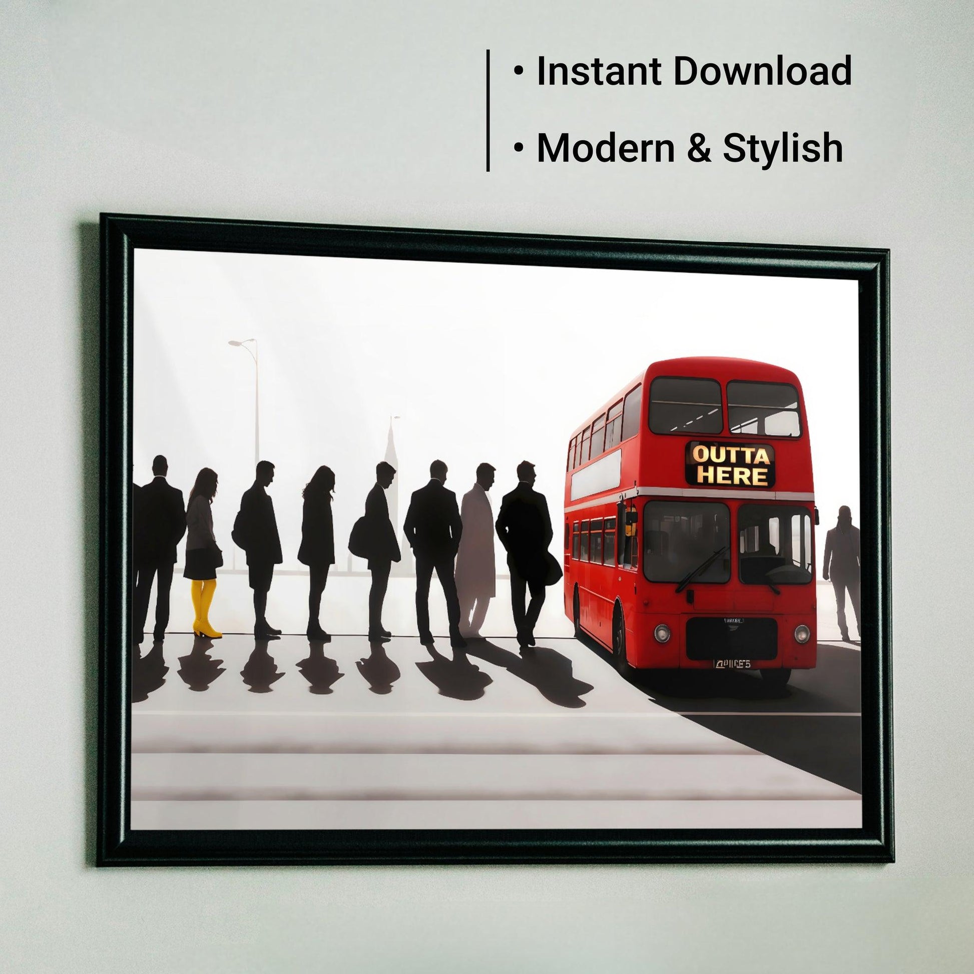 London Bus & Woman in Yellow Boots | Modern Digital Wall Art Set | Abstract Travel Theme | Digital Download | 100 x 70 cm - Arts To GloryLondon Bus & Woman in Yellow Boots | Modern Digital Wall Art Set | Abstract Travel Theme | Digital Download | 100 x 70 cmTextual NarrativesArts To GloryDigital art of a London bus with OUTTA HERE and silhouettes in line, available for instant download, in a chic black frame.