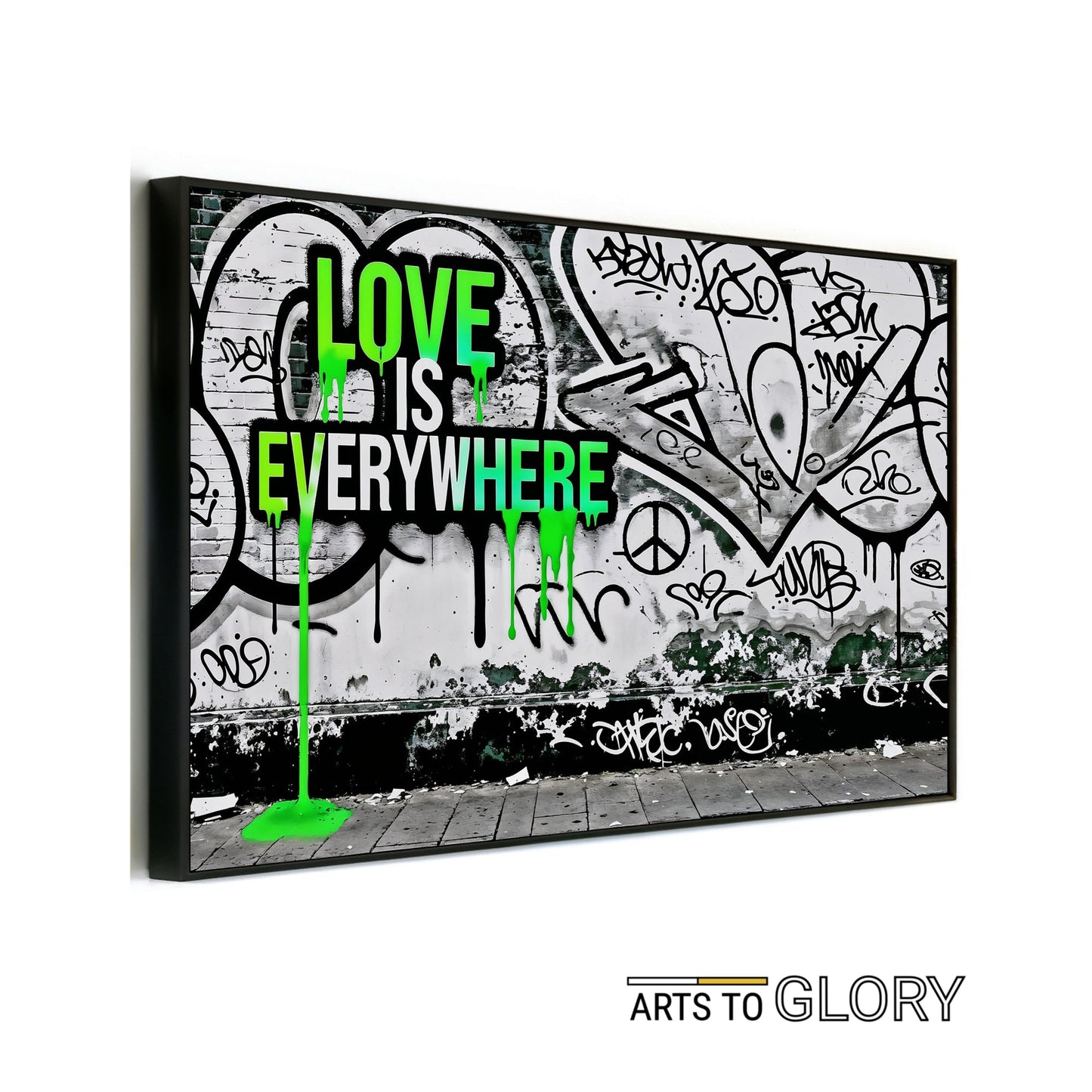 Love Is Everywhere - Arts To GloryLove Is EverywhereDigital Wall ArtArts To GloryDigital artwork of a graffiti - covered wall with vivid green dripping accents and the bold quote Love Is Everywhere, 100x70cm