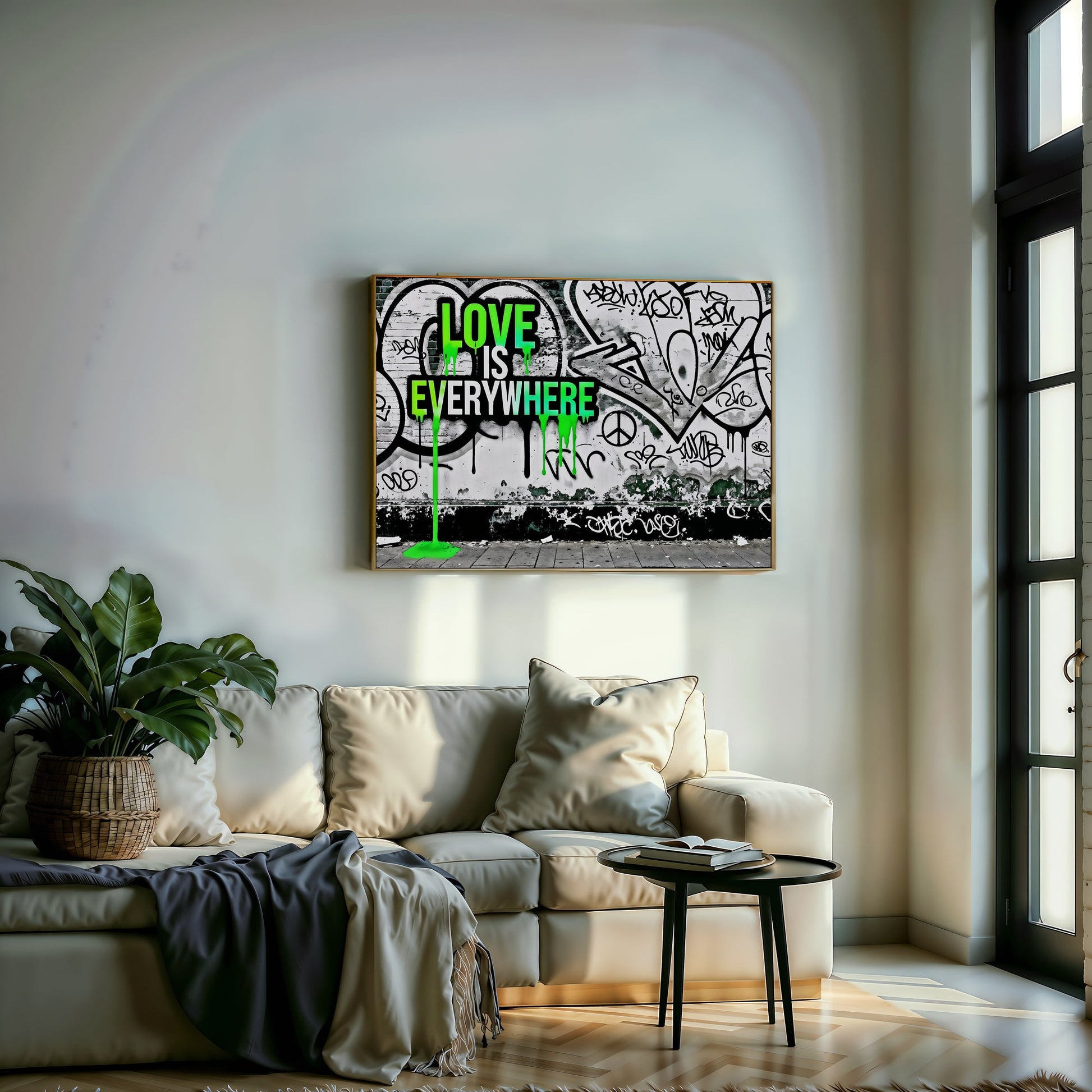 Love Is Everywhere - Arts To GloryLove Is EverywhereDigital Wall ArtArts To GloryWall art featuring Love Is Everywhere displayed in a contemporary living room, blending graffiti textures and bold green drips