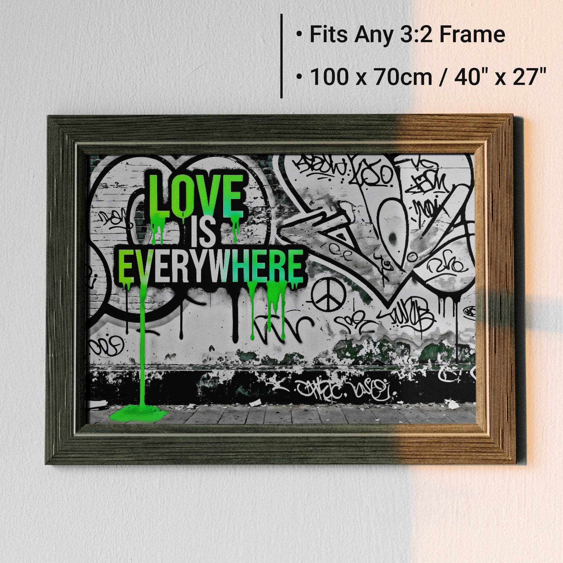 Love Is Everywhere - Arts To GloryLove Is EverywhereDigital Wall ArtArts To GloryFramed artwork of Love Is Everywhere with graffiti textures and green dripping accents, perfectly suited for any 3:2 frame