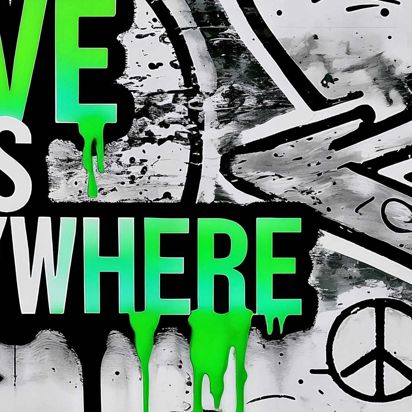 Love Is Everywhere - Arts To GloryLove Is EverywhereDigital Wall ArtArts To GloryClose - up of the bold green dripping text Love Is Everywhere on a gritty graffiti wall, showcasing vibrant details, 100x70cm