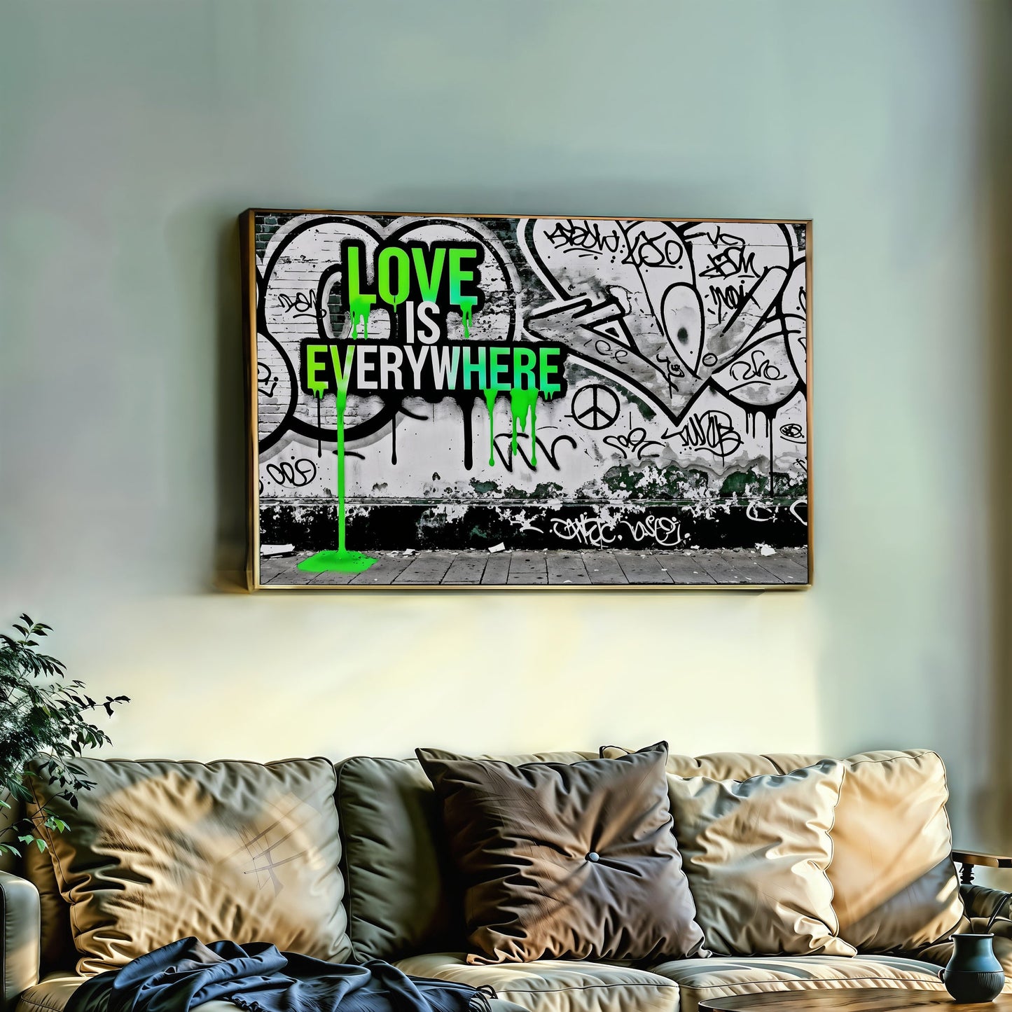 Love Is Everywhere - Arts To GloryLove Is EverywhereDigital Wall ArtArts To GloryUrban wall art showcasing Love Is Everywhere in a stylish modern interior, with natural light highlighting the graffiti textures and green drips