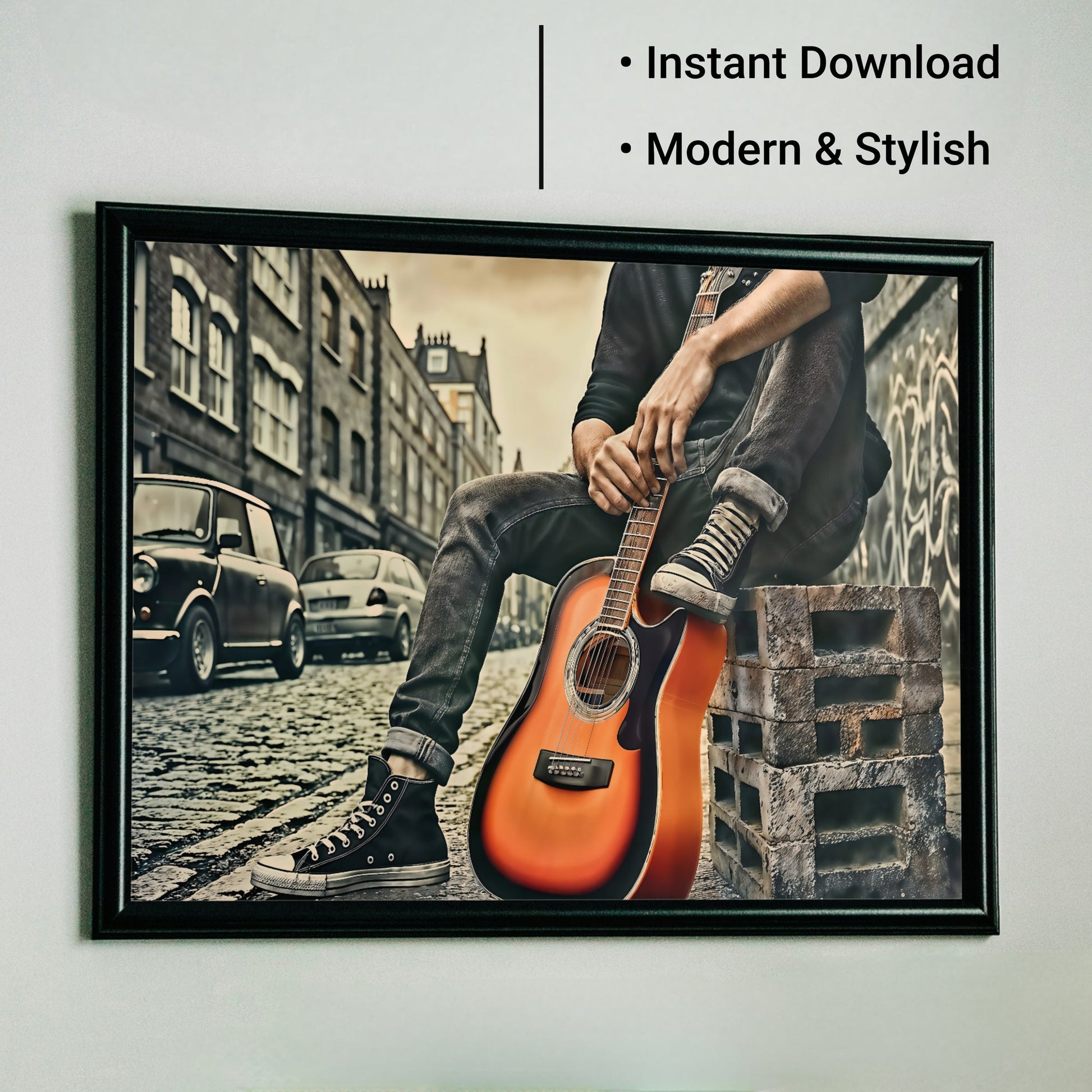 Man with Orange Guitar - Urban Street Scene Digital Art - Arts To GloryMan with Orange Guitar - Urban Street Scene Digital ArtDigital Wall ArtArts To GloryDigital artwork with a man and vivid orange guitar, perfect for contemporary interiors, 100x70cm.