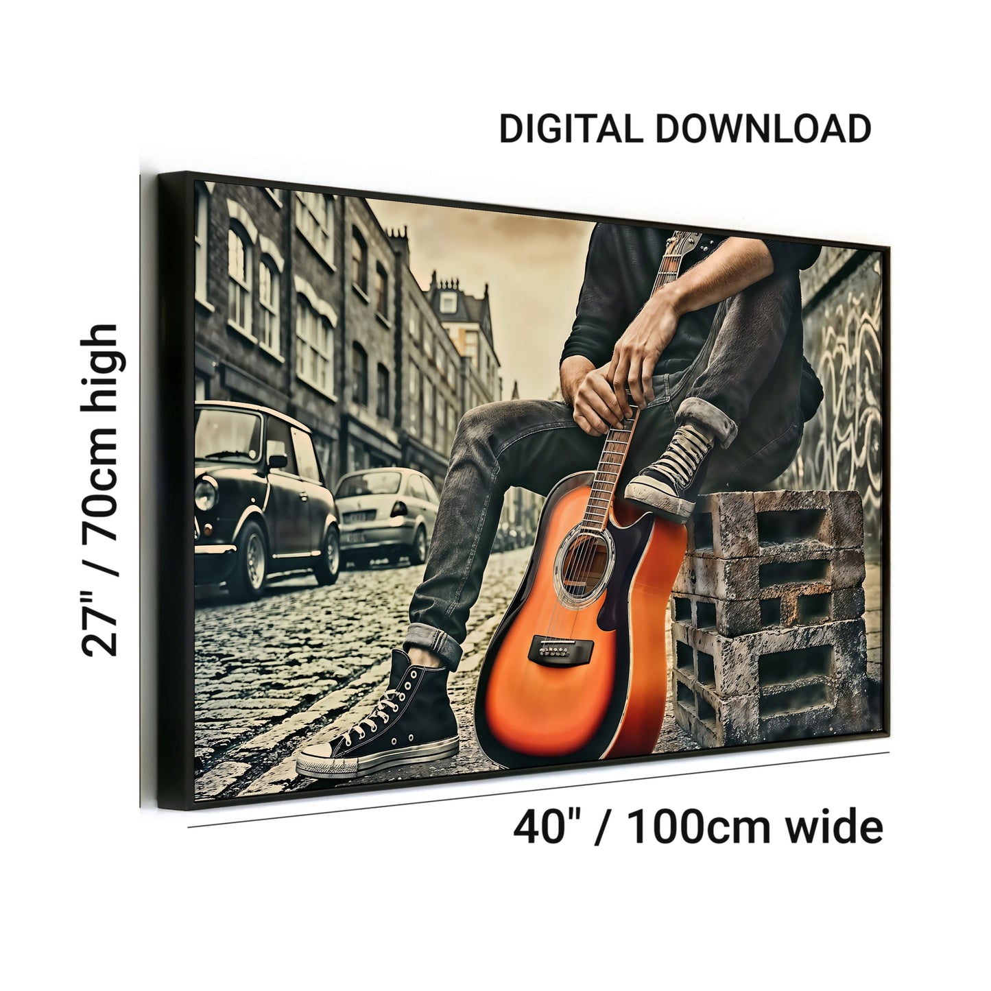 Man with Orange Guitar - Urban Street Scene Digital Art - Arts To GloryMan with Orange Guitar - Urban Street Scene Digital ArtDigital Wall ArtArts To GloryModern urban street art featuring a man with an orange guitar, adding rhythm and style to the scene, 100x70cm.