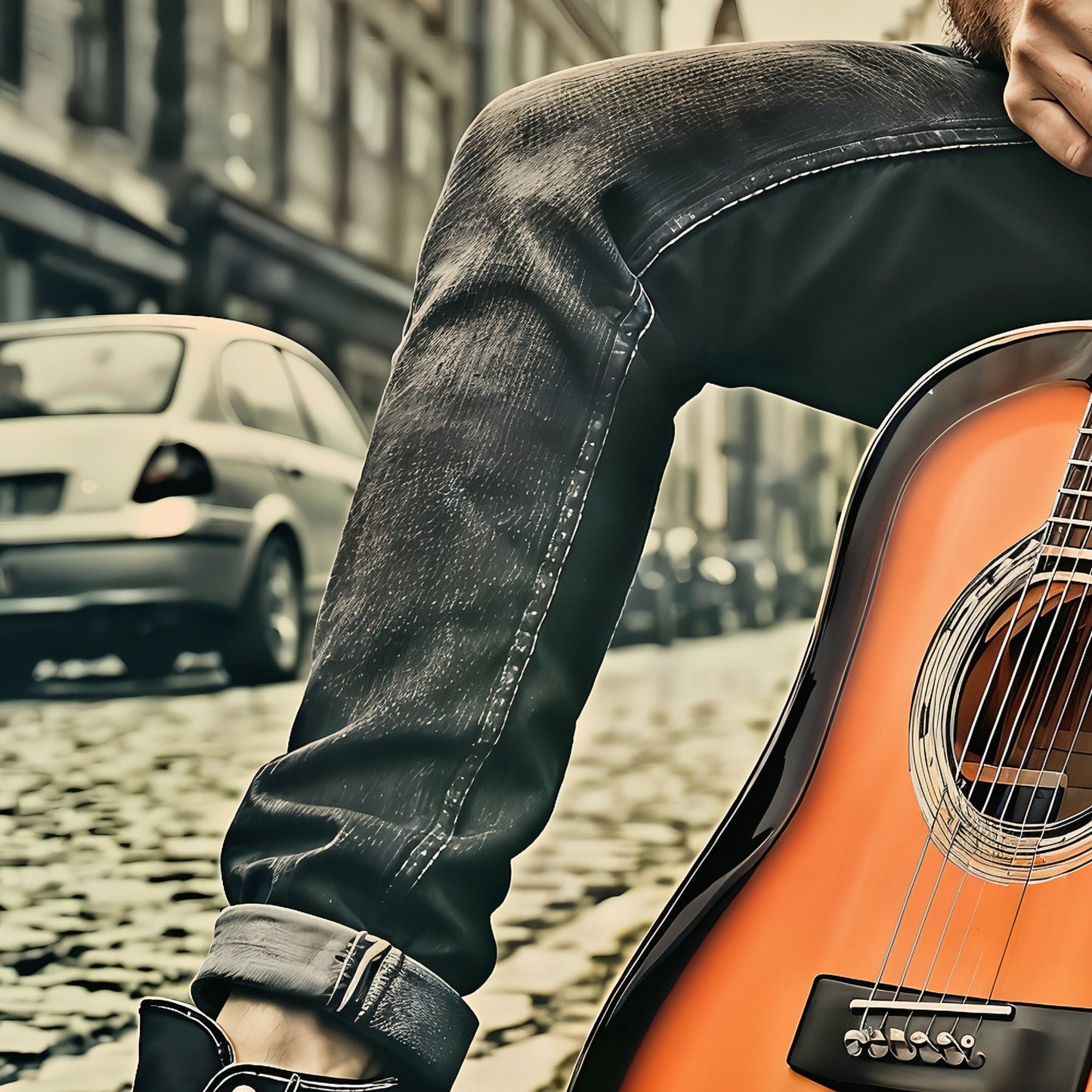 Man with Orange Guitar - Urban Street Scene Digital Art - Arts To GloryMan with Orange Guitar - Urban Street Scene Digital ArtDigital Wall ArtArts To GloryClose - up of a man holding a guitar with vibrant orange accents in an urban setting, 100x70cm.