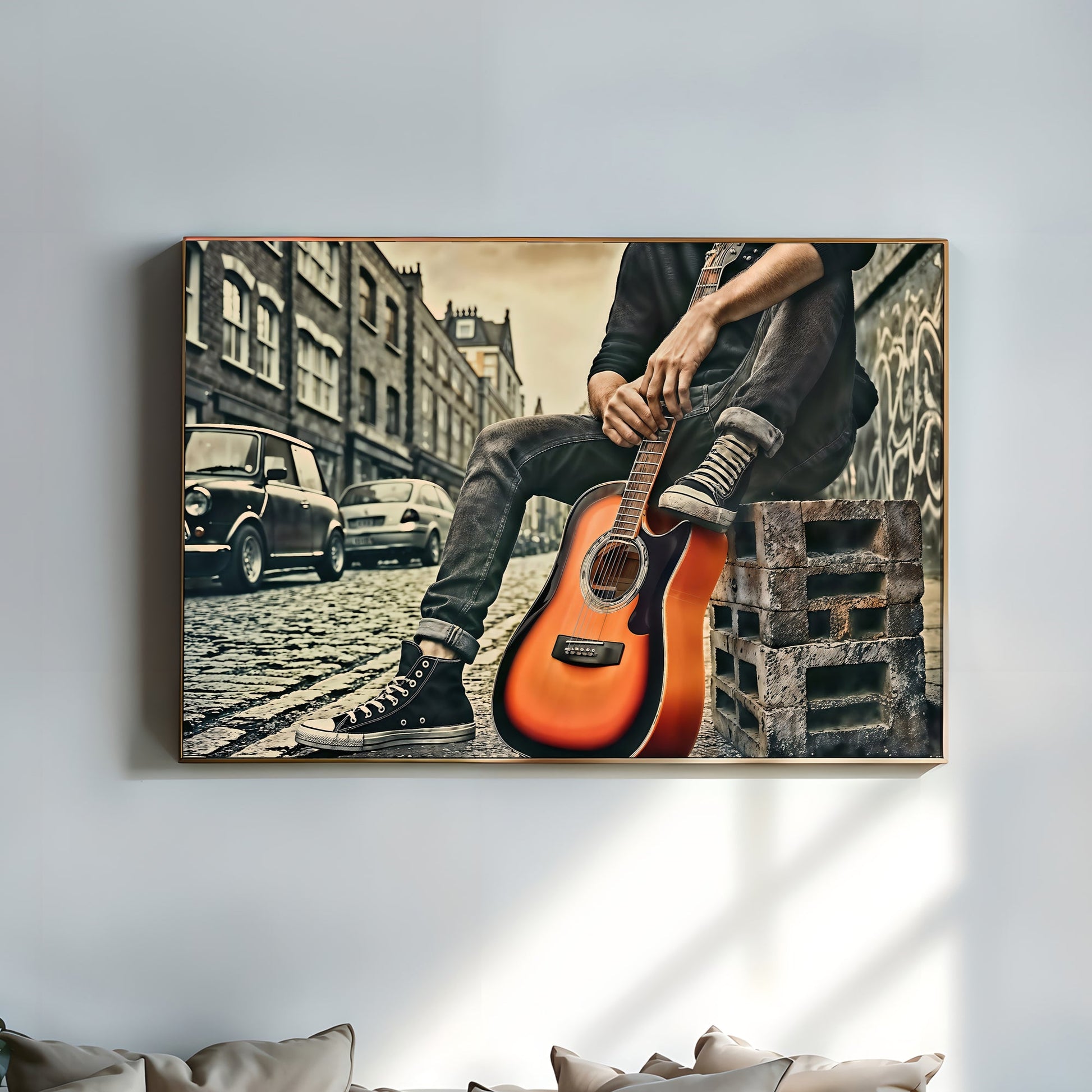 Man with Orange Guitar - Urban Street Scene Digital Art - Arts To GloryMan with Orange Guitar - Urban Street Scene Digital ArtDigital Wall ArtArts To GloryModern urban wall art of a street scene featuring a man with an orange guitar, ideal for modern décor, 100x70cm.