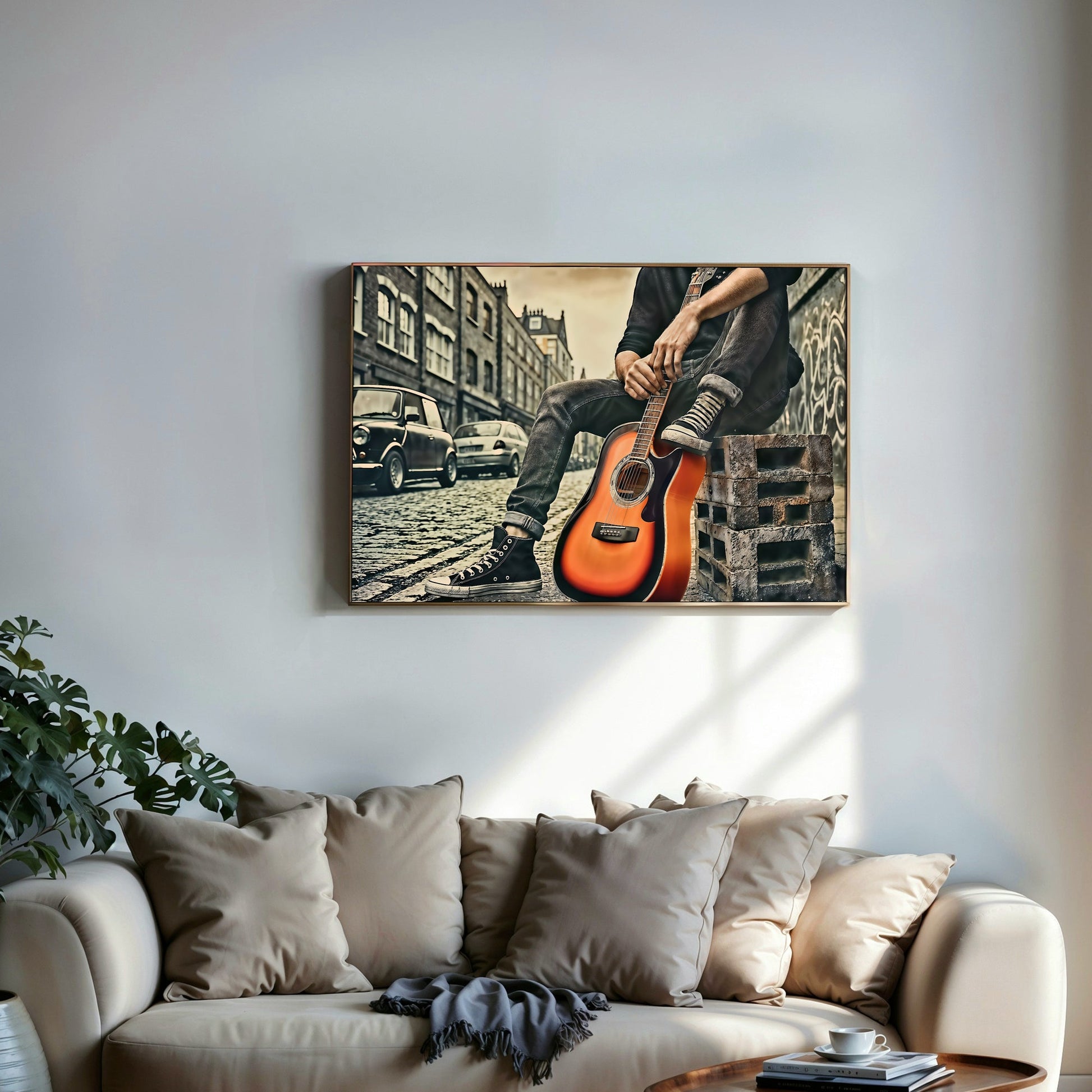 Man with Orange Guitar - Urban Street Scene Digital Art - Arts To GloryMan with Orange Guitar - Urban Street Scene Digital ArtDigital Wall ArtArts To GloryUrban digital artwork with vivid orange guitar highlights in a city alley, featuring modern fashion, 100x70cm.