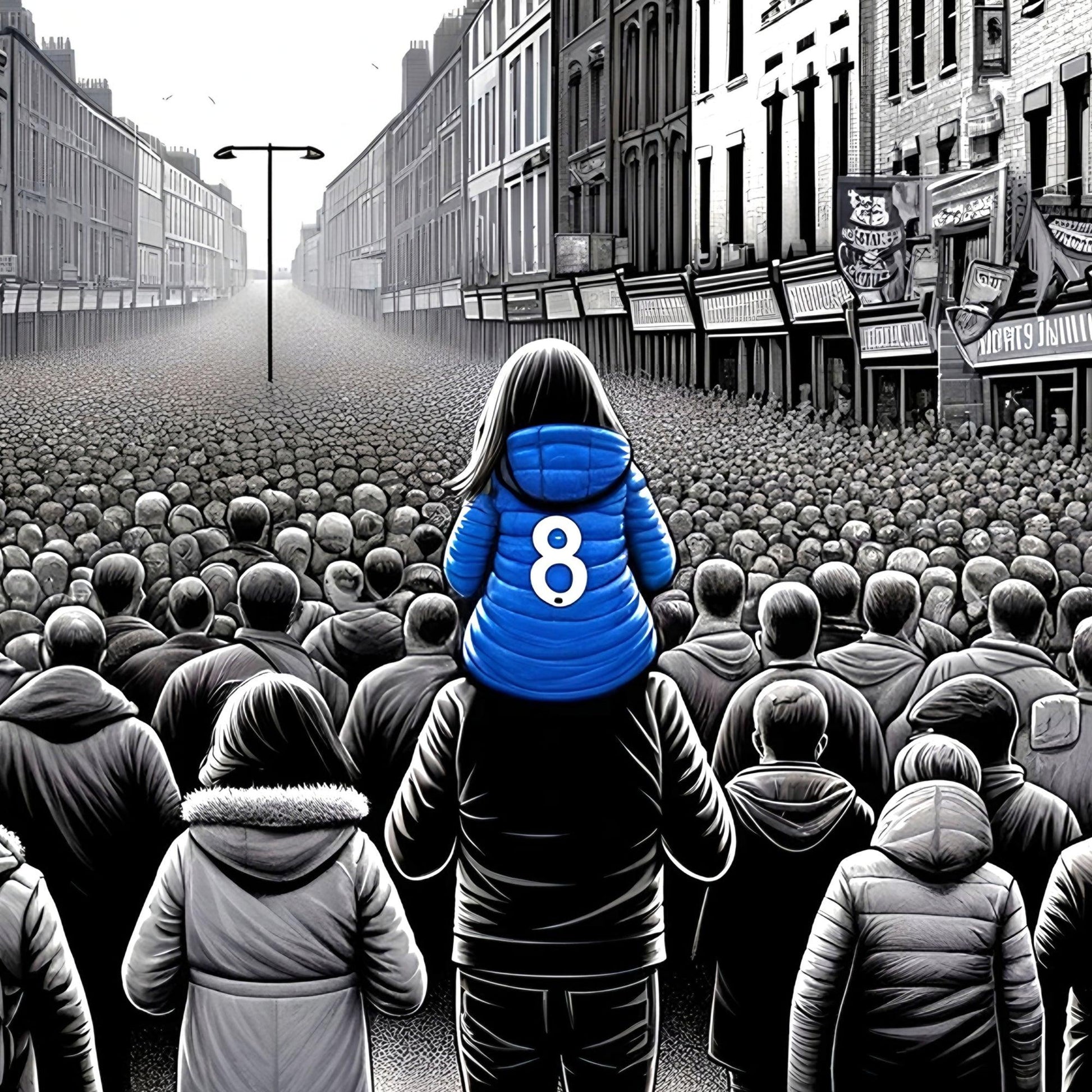 Match Days | Dad and Daughter at Football Game | Family Connection | Bold Royal Blue Accent | Digital Art | Home Decor | Digital Download | 100 x 70 cm - Arts To GloryMatch Days | Dad and Daughter at Football Game | Family Connection | Bold Royal Blue Accent | Digital Art | Home Decor | Digital Download | 100 x 70 cmDetailed & ComplexArts To GloryMonochrome image of a crowded street scene with a young child in a vibrant blue jacket adorned with the number 8 standing out amongst the grey, symboli