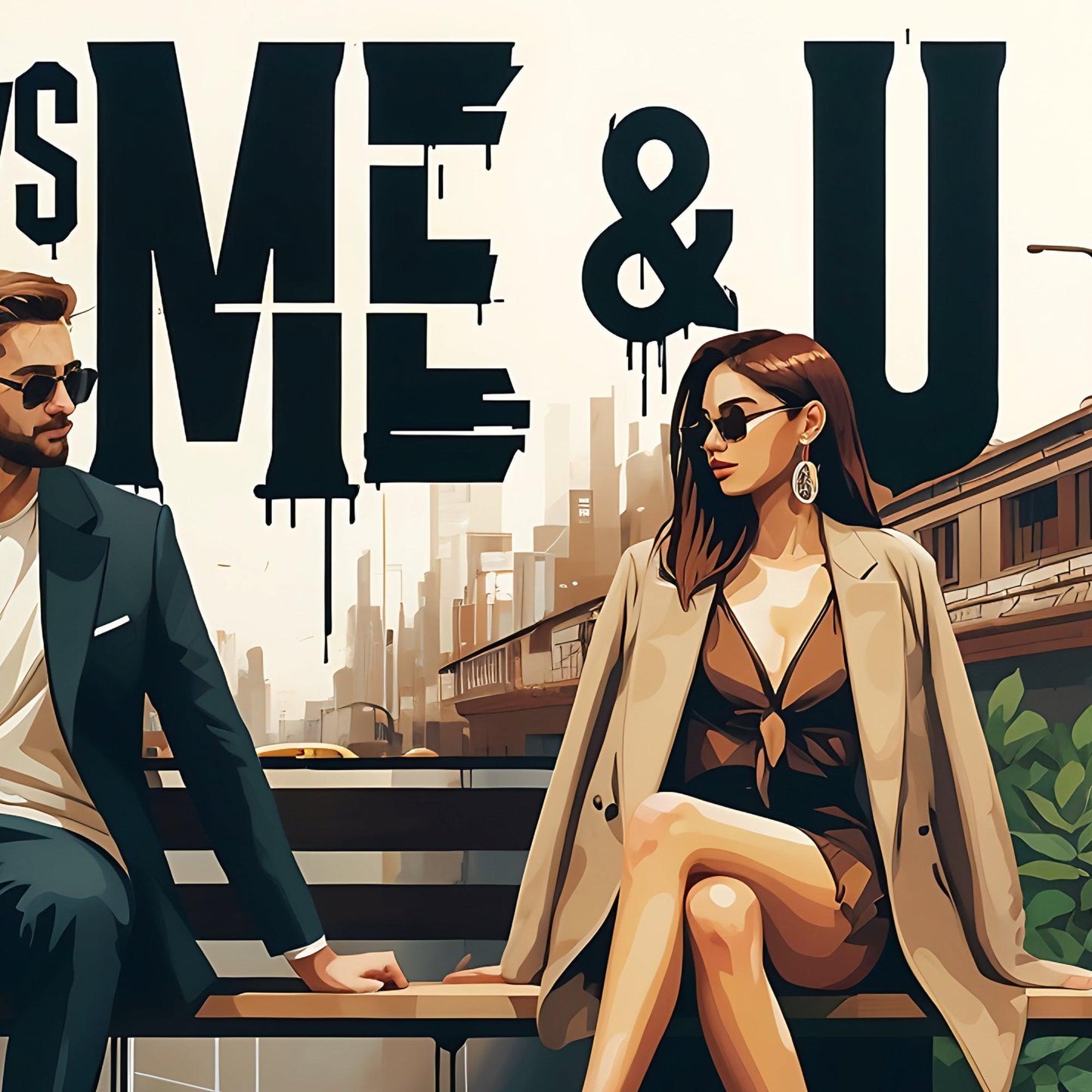 Modern Couple Wall Art | "Always Me & U" City Illustration Print | Urban Love and Style | Home Decor | Digital Download | 100 x 70 cm - Arts To GloryModern Couple Wall Art | "Always Me & U" City Illustration Print | Urban Love and Style | Home Decor | Digital Download | 100 x 70 cmTextual NarrativesArts To GloryChic couple seated in an urban setting with large dripping graffiti-style letters spelling ME and U overlaying the cityscape, conveying a trendy, romantic theme.