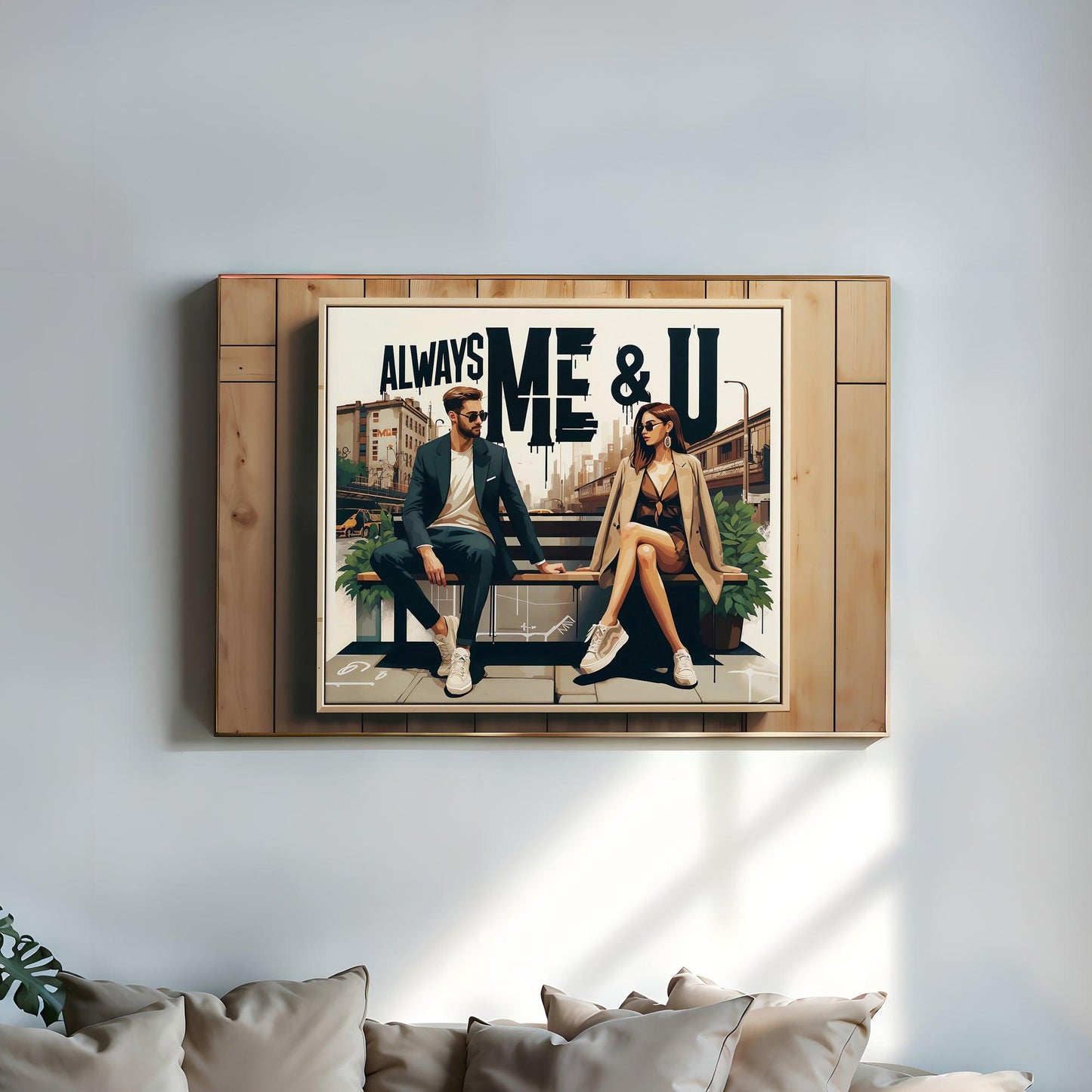 Modern Couple Wall Art | "Always Me & U" City Illustration Print | Urban Love and Style | Home Decor | Digital Download | 100 x 70 cm - Arts To GloryModern Couple Wall Art | "Always Me & U" City Illustration Print | Urban Love and Style | Home Decor | Digital Download | 100 x 70 cmTextual NarrativesArts To GloryUrban-inspired wall art featuring a chic couple sitting on a subway bench, with 'ALWAYS ME & U' in bold typography above, set against a city backdrop, showcased in a wooden frame above a 