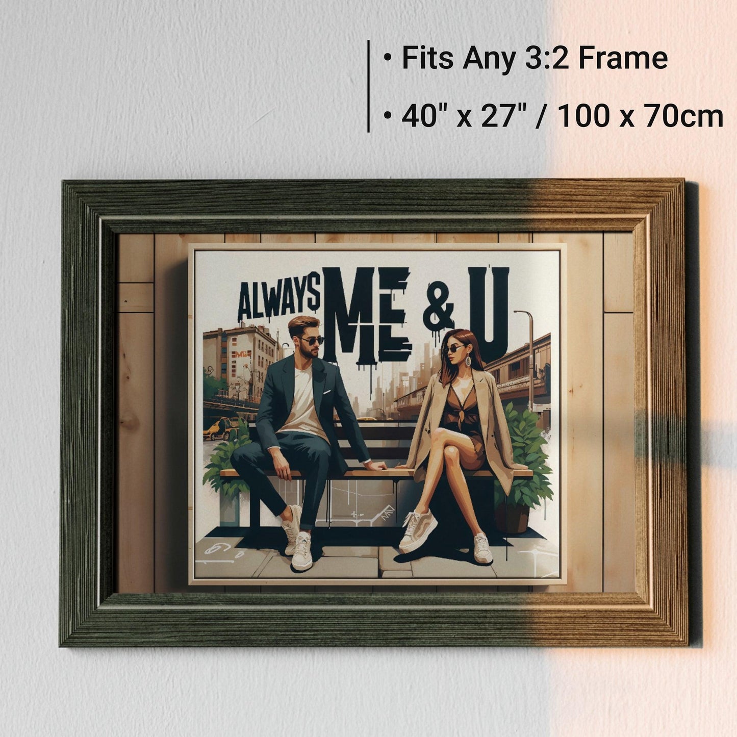 Modern Couple Wall Art | "Always Me & U" City Illustration Print | Urban Love and Style | Home Decor | Digital Download | 100 x 70 cm - Arts To GloryModern Couple Wall Art | "Always Me & U" City Illustration Print | Urban Love and Style | Home Decor | Digital Download | 100 x 70 cmTextual NarrativesArts To GloryCouple seated on a bench in urban-themed wall art with ALWAYS ME & U text, encased in an antique wooden frame, adding a classic touch to modern design, displayed on a white wall.