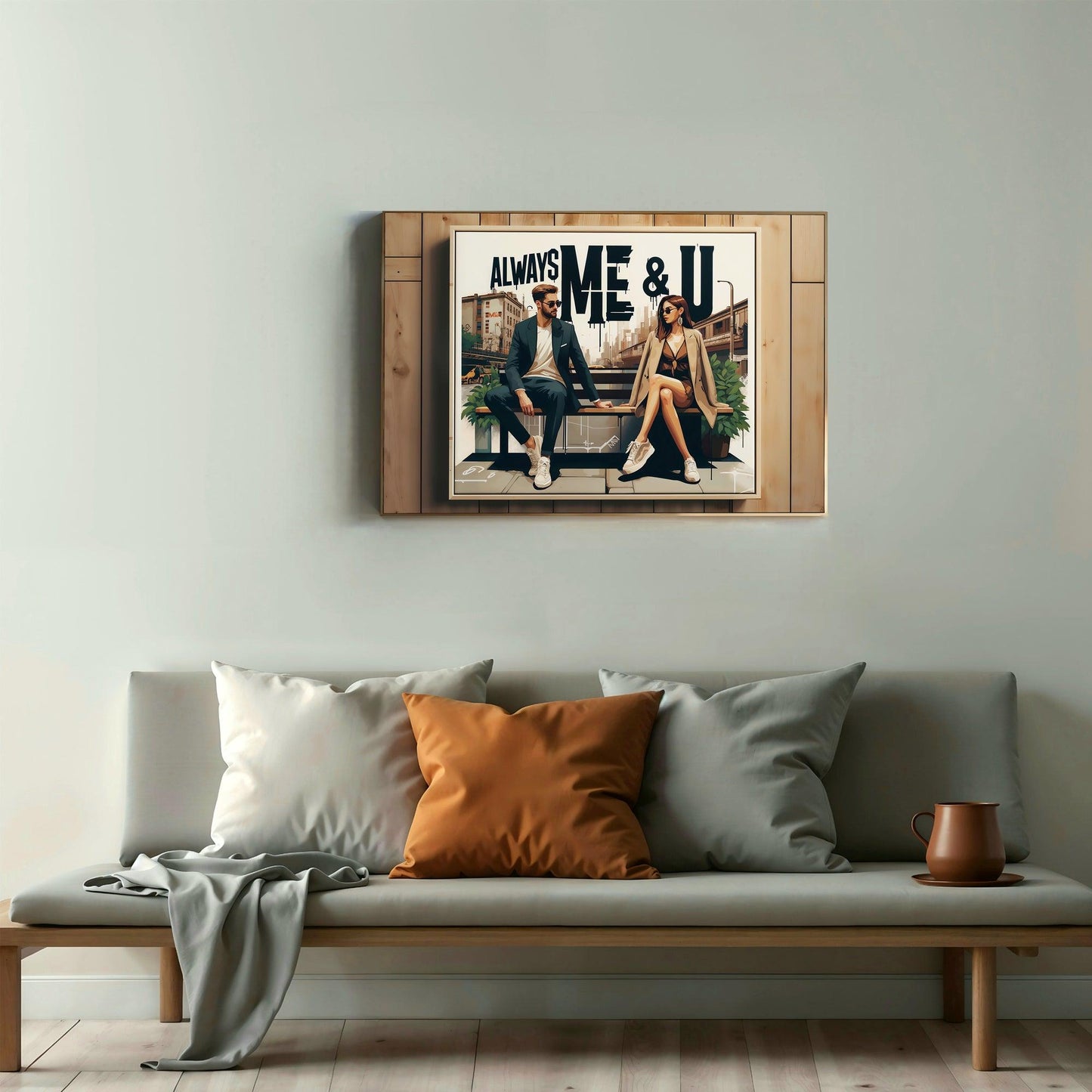 Modern Couple Wall Art | "Always Me & U" City Illustration Print | Urban Love and Style | Home Decor | Digital Download | 100 x 70 cm - Arts To GloryModern Couple Wall Art | "Always Me & U" City Illustration Print | Urban Love and Style | Home Decor | Digital Download | 100 x 70 cmTextual NarrativesArts To GloryTrendy couple seated on a bench featured in a framed wall art piece titled ALWAYS ME & U placed above a modern grey sofa accented with a brown throw pillow and a copper cup, enhancing a m