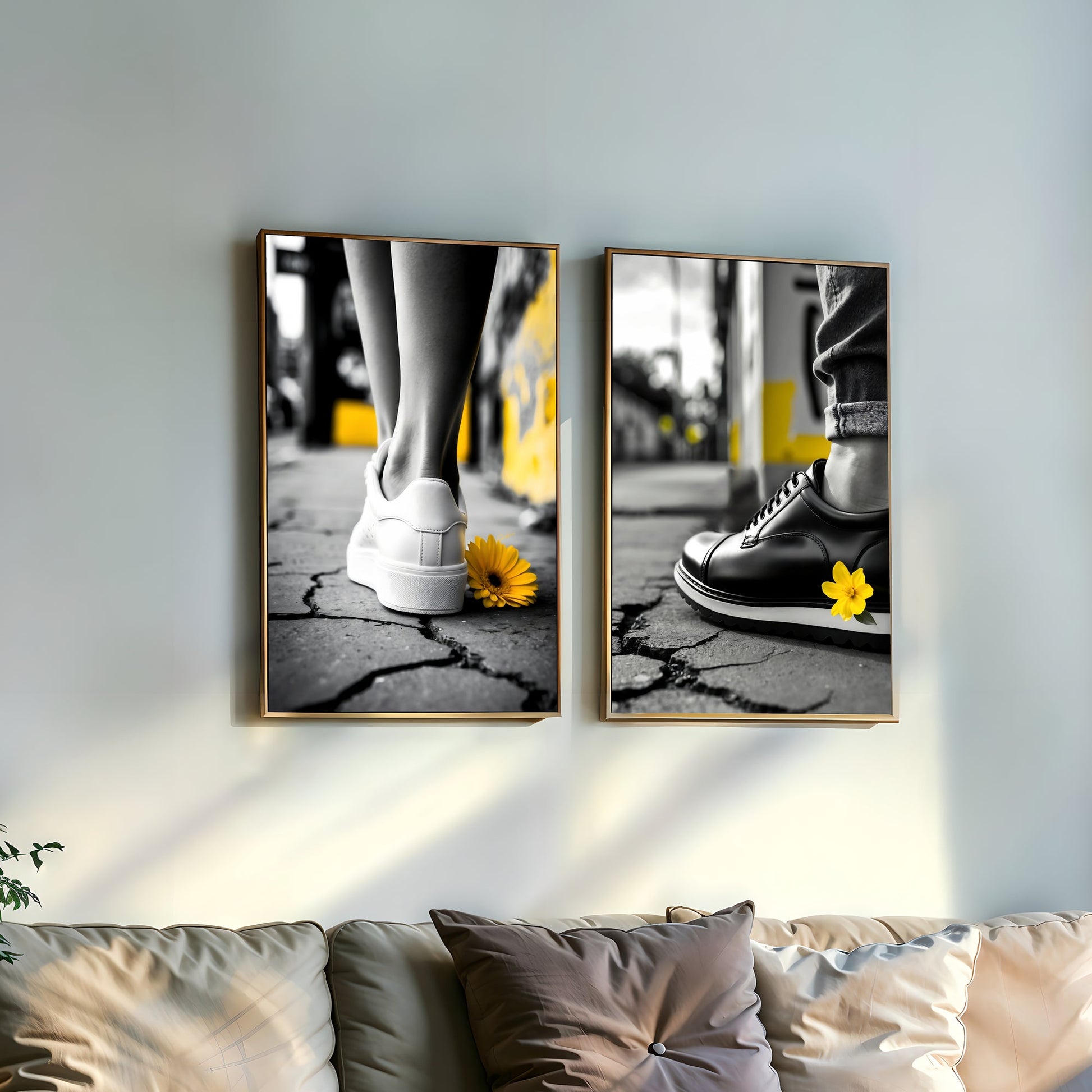 Monochrome Shoes with Yellow Flower | Urban Art | Black and White Accents | Modern Digital Art | 60 cm x 90 cm (24" x 36") | Home Decor - Arts To GloryMonochrome Shoes with Yellow Flower | Urban Art | Black and White Accents | Modern Digital Art | 60 cm x 90 cm (24" x 36") | Home DecorYellowArts To GloryUrban art prints of shoes and yellow flower in black and white accents, displayed in modern living room, 2 - piece set by Arts to Glory.