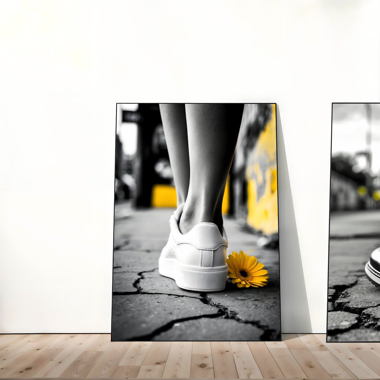 Monochrome Shoes with Yellow Flower | Urban Art | Black and White Accents | Modern Digital Art | 60 cm x 90 cm (24" x 36") | Home Decor - Arts To GloryMonochrome Shoes with Yellow Flower | Urban Art | Black and White Accents | Modern Digital Art | 60 cm x 90 cm (24" x 36") | Home DecorYellowArts To GloryMonochrome art print with yellow flower, white shoes, black and white urban accents, displayed on a floor, digital download by Arts to Glory.