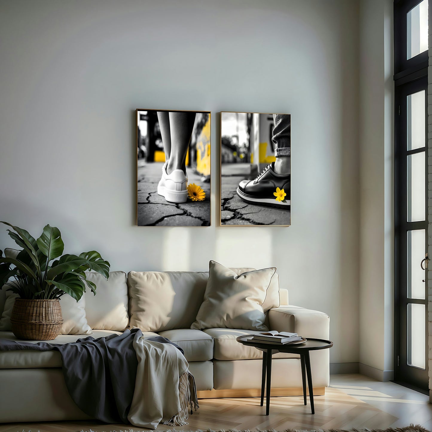 Monochrome Shoes with Yellow Flower | Urban Art | Black and White Accents | Modern Digital Art | 60 cm x 90 cm (24" x 36") | Home Decor - Arts To GloryMonochrome Shoes with Yellow Flower | Urban Art | Black and White Accents | Modern Digital Art | 60 cm x 90 cm (24" x 36") | Home DecorYellowArts To GloryModern living room with urban art of shoes and yellow flower, black and white accents, 2 - piece set by Arts to Glory.