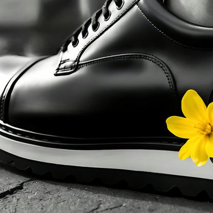 Monochrome Shoes with Yellow Flower | Urban Art | Black and White Accents | Modern Digital Art | 60 cm x 90 cm (24" x 36") | Home Decor - Arts To GloryMonochrome Shoes with Yellow Flower | Urban Art | Black and White Accents | Modern Digital Art | 60 cm x 90 cm (24" x 36") | Home DecorYellowArts To GloryClose - up of black shoe with yellow flower on urban pavement, monochrome art with black and white accents, by Arts to Glory.