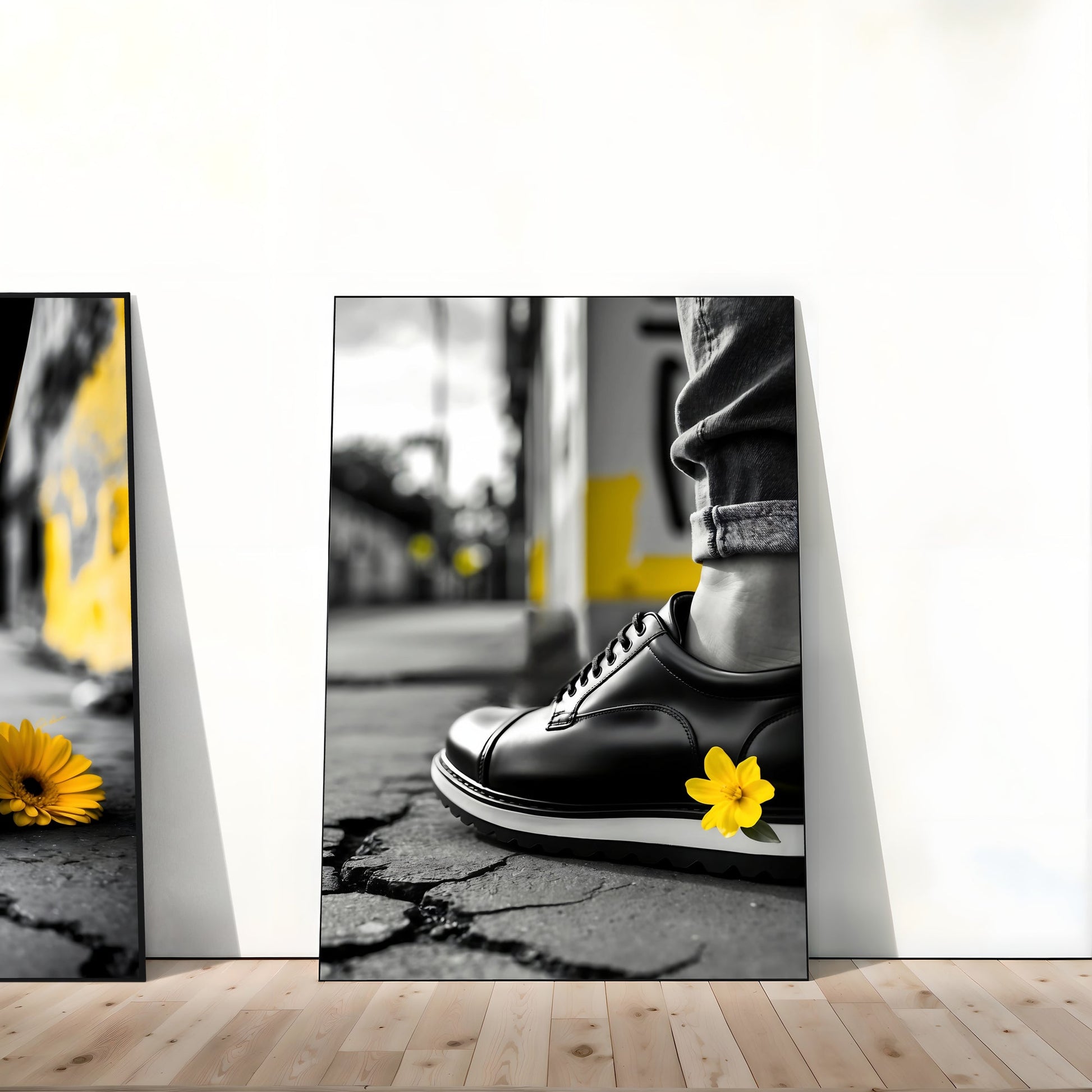 Monochrome Shoes with Yellow Flower | Urban Art | Black and White Accents | Modern Digital Art | 60 cm x 90 cm (24" x 36") | Home Decor - Arts To GloryMonochrome Shoes with Yellow Flower | Urban Art | Black and White Accents | Modern Digital Art | 60 cm x 90 cm (24" x 36") | Home DecorYellowArts To GloryMonochrome art print with yellow flower, black shoes, black and white urban accents, displayed on a floor, digital download by Arts to Glory.