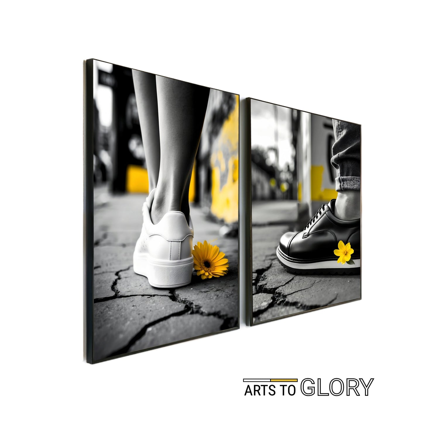 Monochrome Shoes with Yellow Flower | Urban Art | Black and White Accents | Modern Digital Art | 60 cm x 90 cm (24" x 36") | Home Decor - Arts To GloryMonochrome Shoes with Yellow Flower | Urban Art | Black and White Accents | Modern Digital Art | 60 cm x 90 cm (24" x 36") | Home DecorYellowArts To GloryUrban art of shoes with yellow flower, black and white accents, 2 - piece set by Arts to Glory.