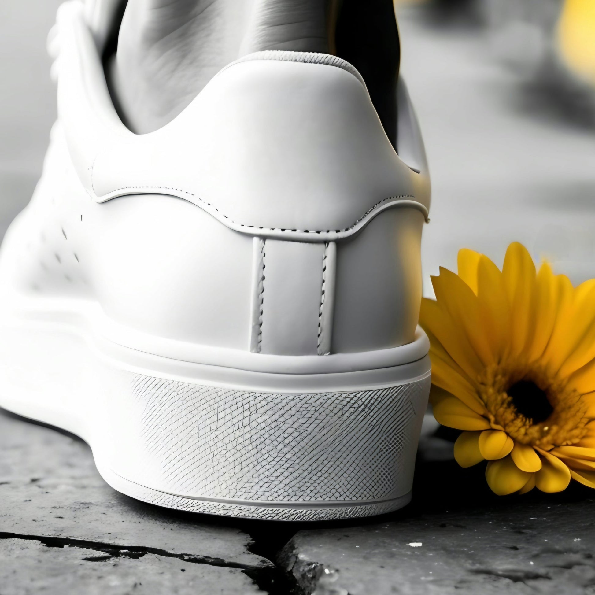 Monochrome Shoes with Yellow Flower | Urban Art | Black and White Accents | Modern Digital Art | 60 cm x 90 cm (24" x 36") | Home Decor - Arts To GloryMonochrome Shoes with Yellow Flower | Urban Art | Black and White Accents | Modern Digital Art | 60 cm x 90 cm (24" x 36") | Home DecorYellowArts To GloryClose - up of white shoe with yellow flower on urban pavement, monochrome art with black and white accents, by Arts to Glory.