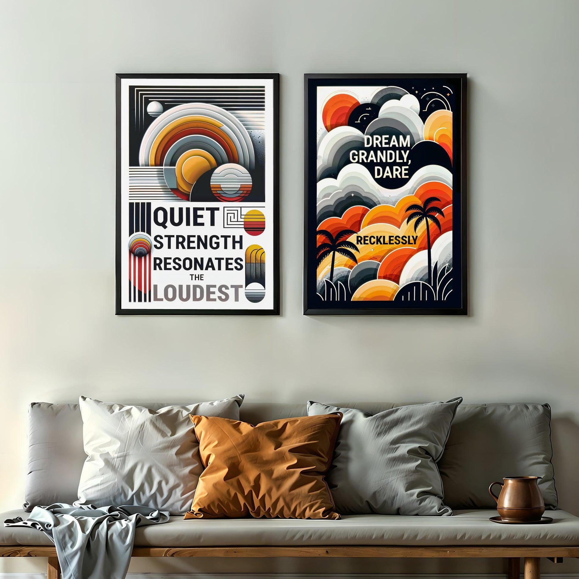 Motivational Wall Art Set | Dream Grandly & Quiet Strength Quotes | Warm Yellow and Orange Decor | 2 Digital Art Posters | Home Decor | Digital Download | 61 x 91 cm - Arts To GloryMotivational Wall Art Set | Dream Grandly & Quiet Strength Quotes | Warm Yellow and Orange Decor | 2 Digital Art Posters | Home Decor | Digital Download | 61 x 91 cmTextual NarrativesArts To GloryTwo-piece wall art set displayed in a living space, with one print featuring the phrase Quiet Strength Resonates the Loudes