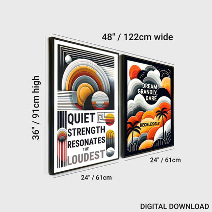Motivational Wall Art Set | Dream Grandly & Quiet Strength Quotes | Warm Yellow and Orange Decor | 2 Digital Art Posters | Home Decor | Digital Download | 61 x 91 cm - Arts To GloryMotivational Wall Art Set | Dream Grandly & Quiet Strength Quotes | Warm Yellow and Orange Decor | 2 Digital Art Posters | Home Decor | Digital Download | 61 x 91 cmTextual NarrativesArts To GloryDigital download of a two-piece vertical wall art set showcasing bold motivational phrases amidst abstract graphics, sized 
