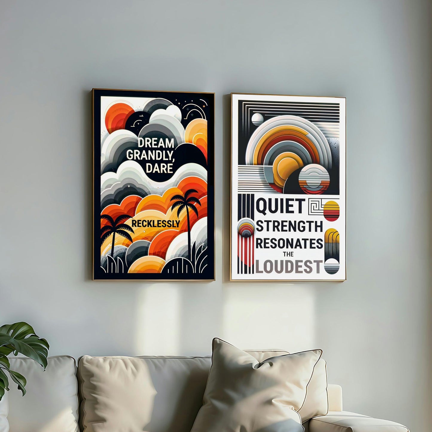 Motivational Wall Art Set | Dream Grandly & Quiet Strength Quotes | Warm Yellow and Orange Decor | 2 Digital Art Posters | Home Decor | Digital Download | 61 x 91 cm - Arts To GloryMotivational Wall Art Set | Dream Grandly & Quiet Strength Quotes | Warm Yellow and Orange Decor | 2 Digital Art Posters | Home Decor | Digital Download | 61 x 91 cmTextual NarrativesArts To GloryA pair of motivational art prints with Art Deco influences, one with lush curves and tropical scenery stating 'Dream Grandl