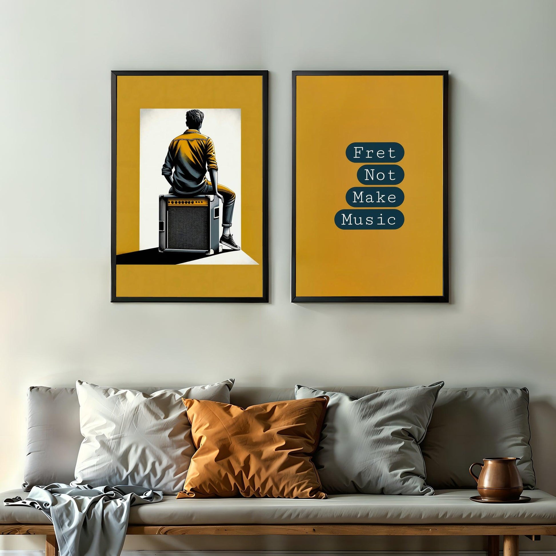 Music Enthusiast Wall Art Set | "Fret Not Make Music" Guitar Amp Illustration | Bold Yellow & Black | 2 Digital Art Posters | Home Decor | Digital Download | 61 x 91 cm - Arts To GloryMusic Enthusiast Wall Art Set | "Fret Not Make Music" Guitar Amp Illustration | Bold Yellow & Black | 2 Digital Art Posters | Home Decor | Digital Download | 61 x 91 cmTextual NarrativesArts To GloryTwo framed wall art pieces in a modern living space, one depicting a man seated on a guitar amplifier and the other f