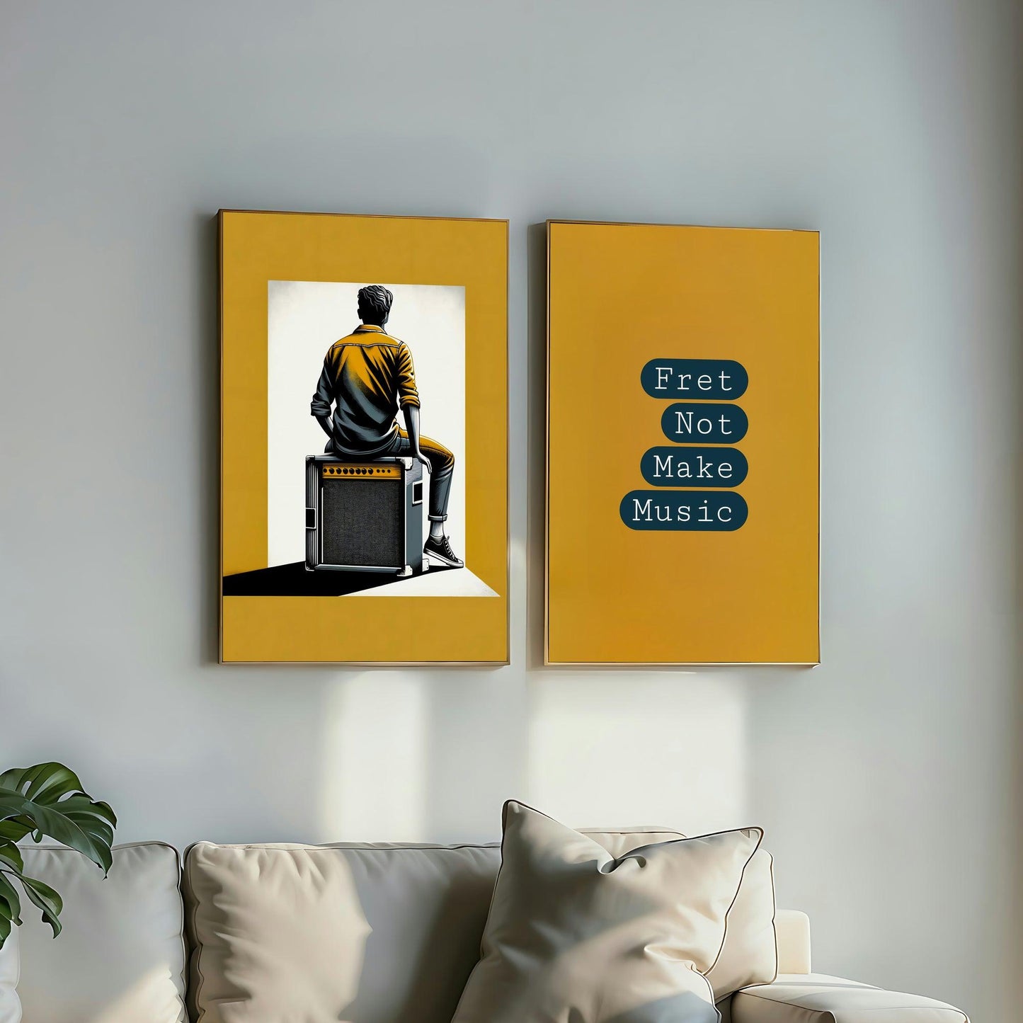 Music Enthusiast Wall Art Set | "Fret Not Make Music" Guitar Amp Illustration | Bold Yellow & Black | 2 Digital Art Posters | Home Decor | Digital Download | 61 x 91 cm - Arts To GloryMusic Enthusiast Wall Art Set | "Fret Not Make Music" Guitar Amp Illustration | Bold Yellow & Black | 2 Digital Art Posters | Home Decor | Digital Download | 61 x 91 cmTextual NarrativesArts To GloryA two-panel vertical wall art set; one panel shows the back of a person seated on an amplifier, gazing into the dista