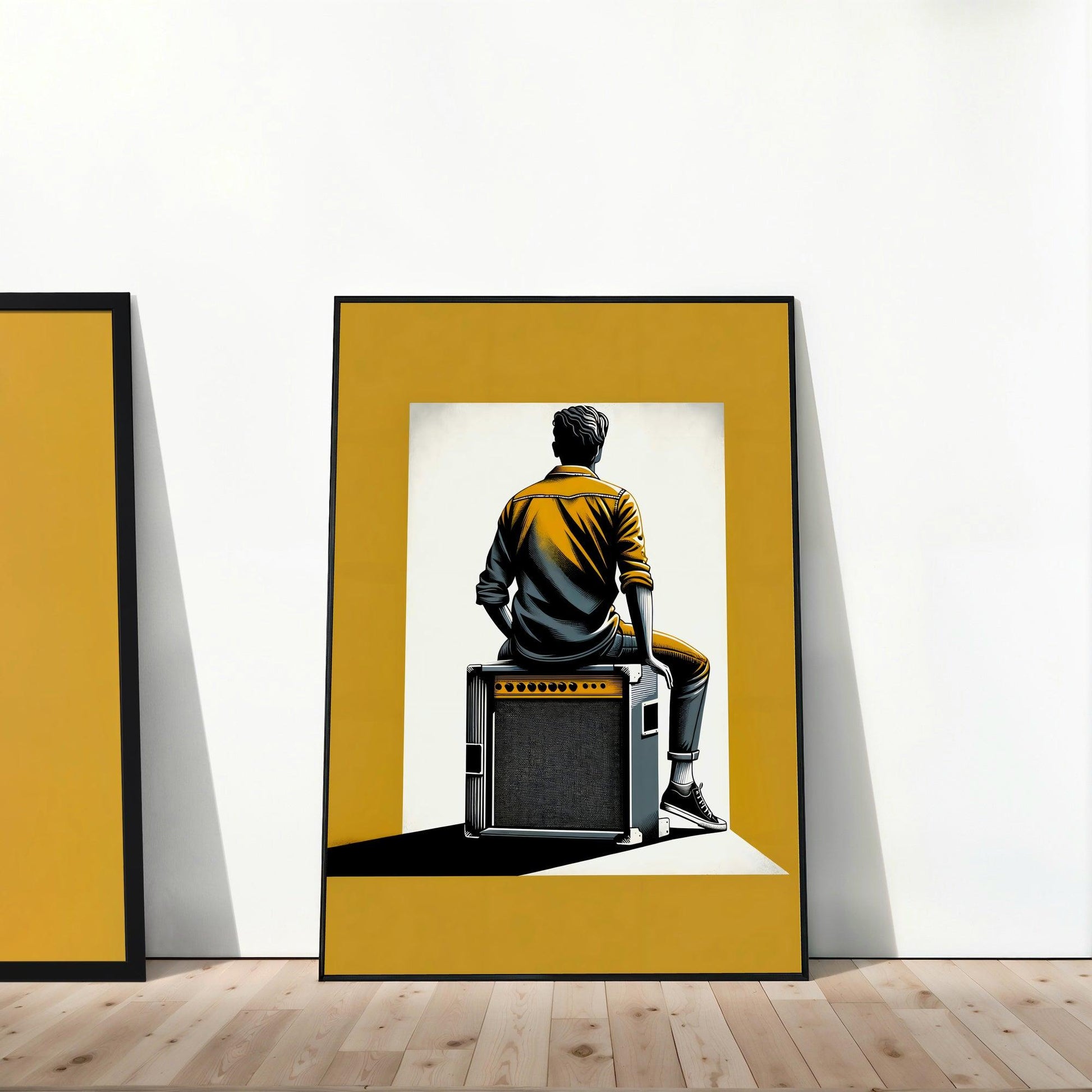 Music Enthusiast Wall Art Set | "Fret Not Make Music" Guitar Amp Illustration | Bold Yellow & Black | 2 Digital Art Posters | Home Decor | Digital Download | 61 x 91 cm - Arts To GloryMusic Enthusiast Wall Art Set | "Fret Not Make Music" Guitar Amp Illustration | Bold Yellow & Black | 2 Digital Art Posters | Home Decor | Digital Download | 61 x 91 cmTextual NarrativesArts To GloryA striking wall art print featuring the back view of a man in a yellow jumper seated on a guitar amplifier, set again