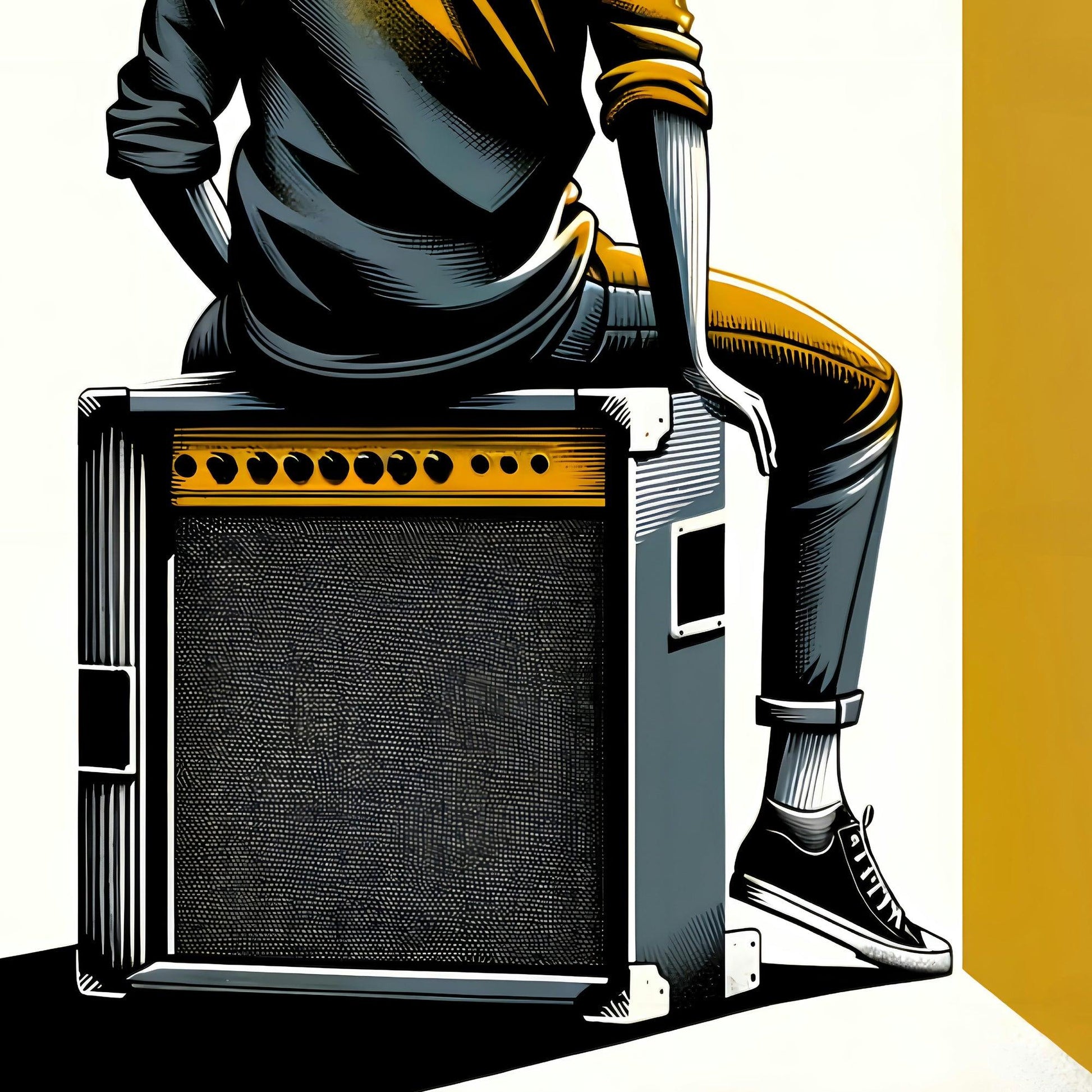 Music Enthusiast Wall Art Set | "Fret Not Make Music" Guitar Amp Illustration | Bold Yellow & Black | 2 Digital Art Posters | Home Decor | Digital Download | 61 x 91 cm - Arts To GloryMusic Enthusiast Wall Art Set | "Fret Not Make Music" Guitar Amp Illustration | Bold Yellow & Black | 2 Digital Art Posters | Home Decor | Digital Download | 61 x 91 cmTextual NarrativesArts To GloryIllustration of a person seated on a guitar amplifier, depicted in a graphic novel style with bold shadows and highli