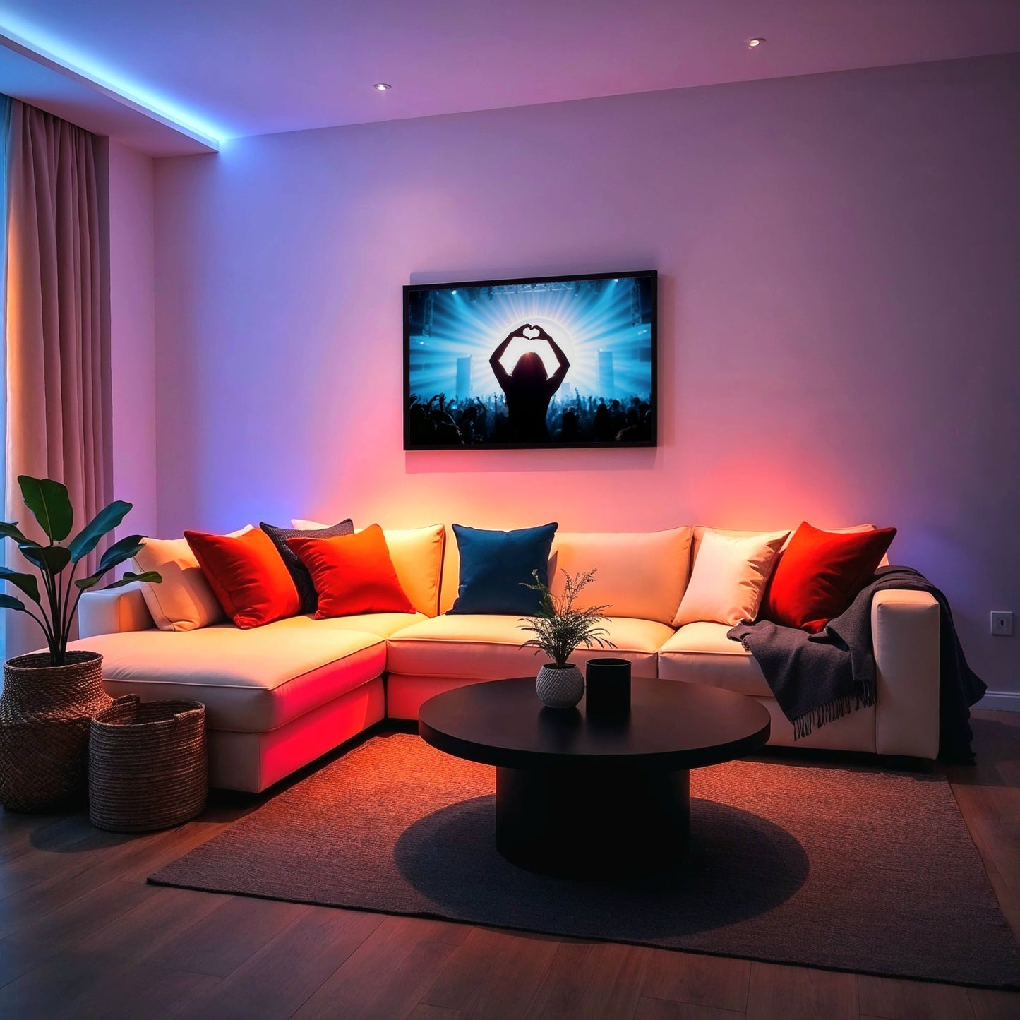 Music Festival Heart Silhouette - Arts To GloryMusic Festival Heart SilhouetteDigital Wall ArtArts To GloryA contemporary living room with colourful LED lighting, highlighting a cream sofa and framed art of a music festival silhouette with radiant blue light.