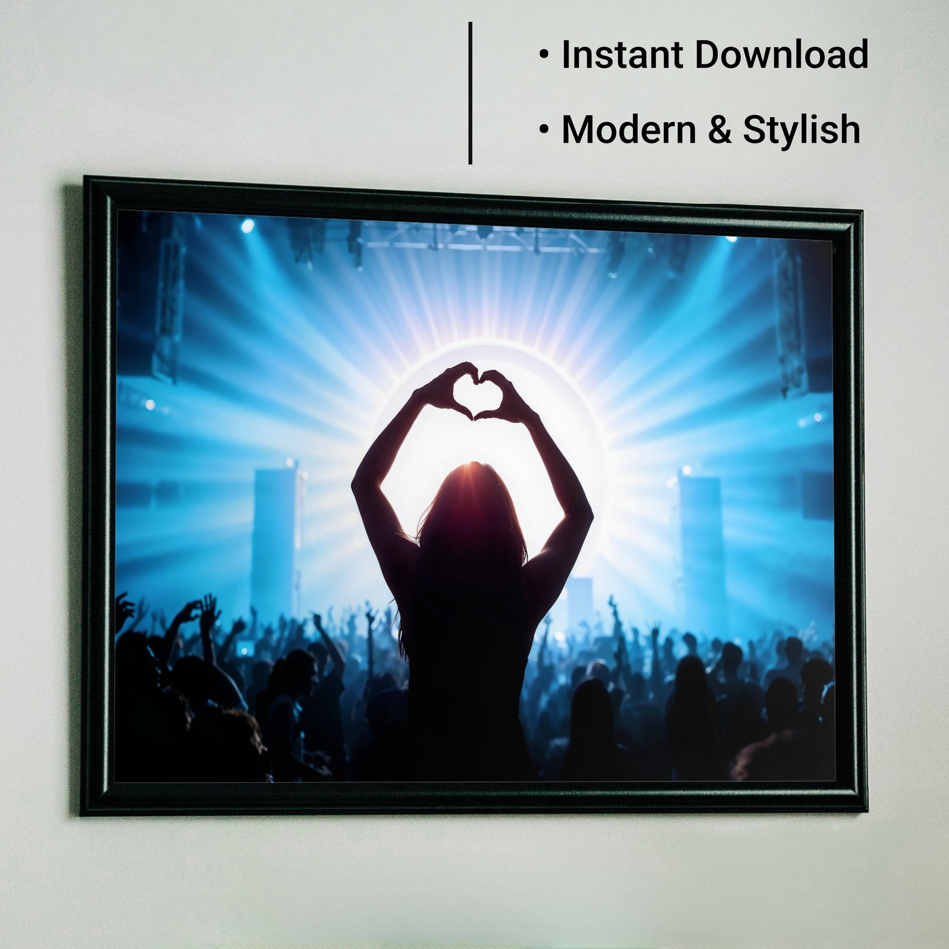 Music Festival Heart Silhouette - Arts To GloryMusic Festival Heart SilhouetteDigital Wall ArtArts To GloryDigital artwork featuring a silhouette with a heart gesture and glowing blue light beams, ideal for music - inspired décor.