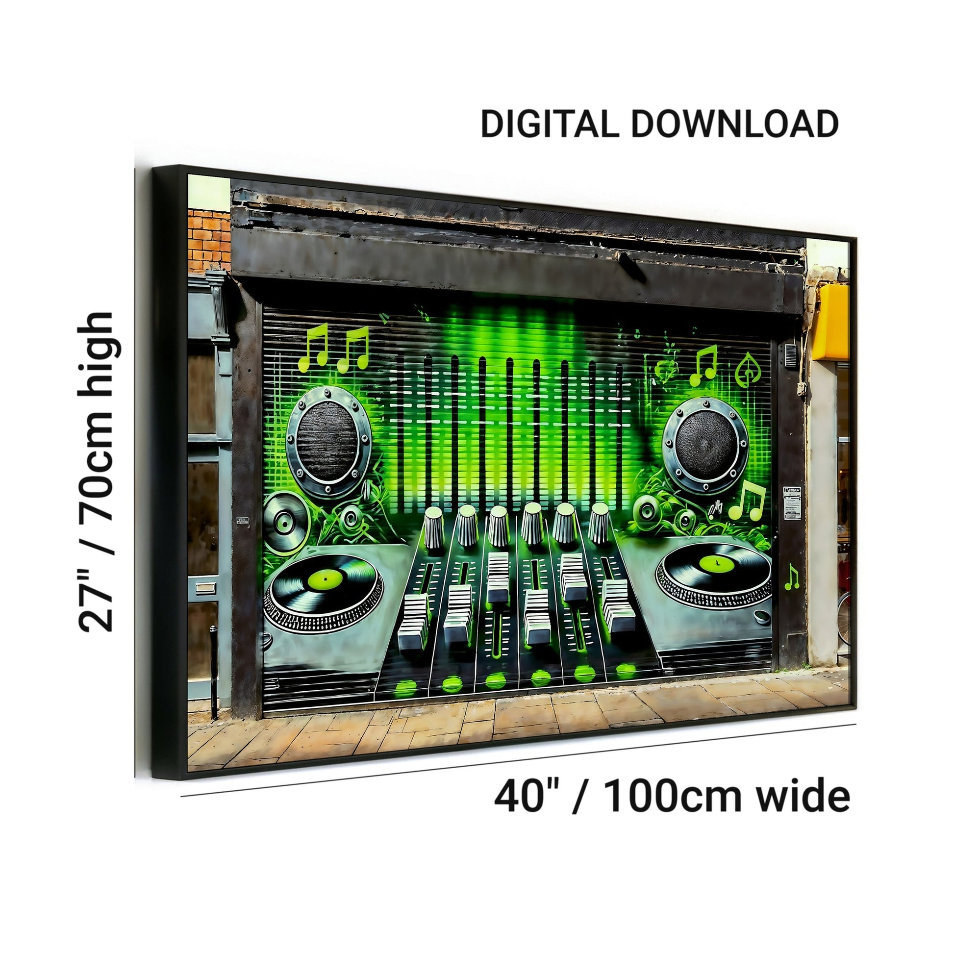 Music Storefront Graffiti Shutters - Neon Green Digital Art - Arts To GloryMusic Storefront Graffiti Shutters - Neon Green Digital ArtDigital Wall ArtArts To GloryVibrant graffiti art with music - inspired elements on urban storefront shutters, 100x70cm.