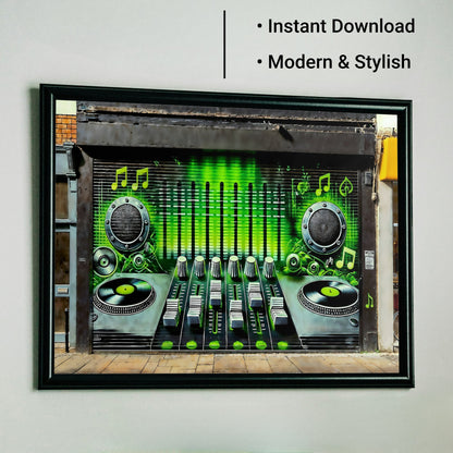 Music Storefront Graffiti Shutters - Neon Green Digital Art - Arts To GloryMusic Storefront Graffiti Shutters - Neon Green Digital ArtDigital Wall ArtArts To GloryUrban graffiti artwork with bold neon green accents and music themes, 100x70cm.