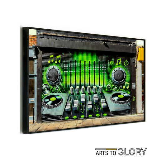 Music Storefront Graffiti Shutters - Neon Green Digital Art - Arts To GloryMusic Storefront Graffiti Shutters - Neon Green Digital ArtDigital Wall ArtArts To GloryDigital artwork of a storefront shutter with vibrant green graffiti featuring speakers, turntables, and mixers, 100x70cm.