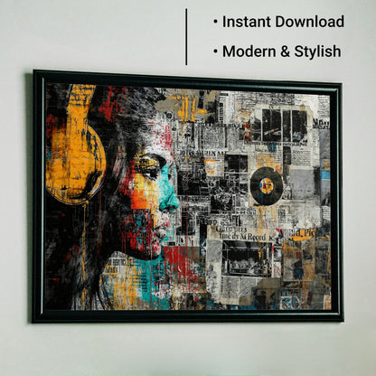Newsprint Vinyl - Arts To GloryNewsprint VinylDigital Wall ArtArts To GloryUrban wall art of a woman with yellow headphones on a newsprint wall with vinyl, framed with “Instant Download” text by Arts To Glory.