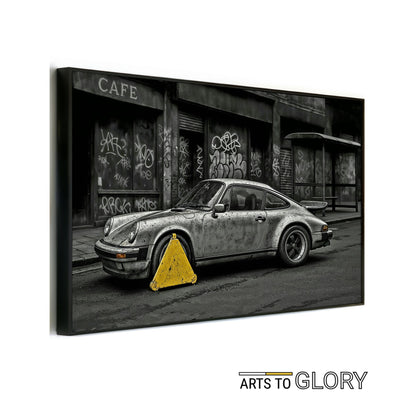 No Parking - Arts To GloryNo ParkingDigital Wall ArtArts To GloryBold pop - art style digital print of a clamped vintage sports car outside a graffiti - covered café, ideal for gritty urban interiors.