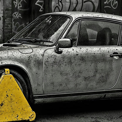 No Parking - Arts To GloryNo ParkingDigital Wall ArtArts To GloryClose - up of a vintage sports car with a yellow clamp, set against a dark graffiti - covered backdrop in bold urban style.
