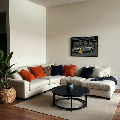 No Parking - Arts To GloryNo ParkingDigital Wall ArtArts To GloryA daylight - lit interior with a neutral sofa and urban décor accents, showcasing a bold framed print of a clamped vintage car on graffiti - lined streets.