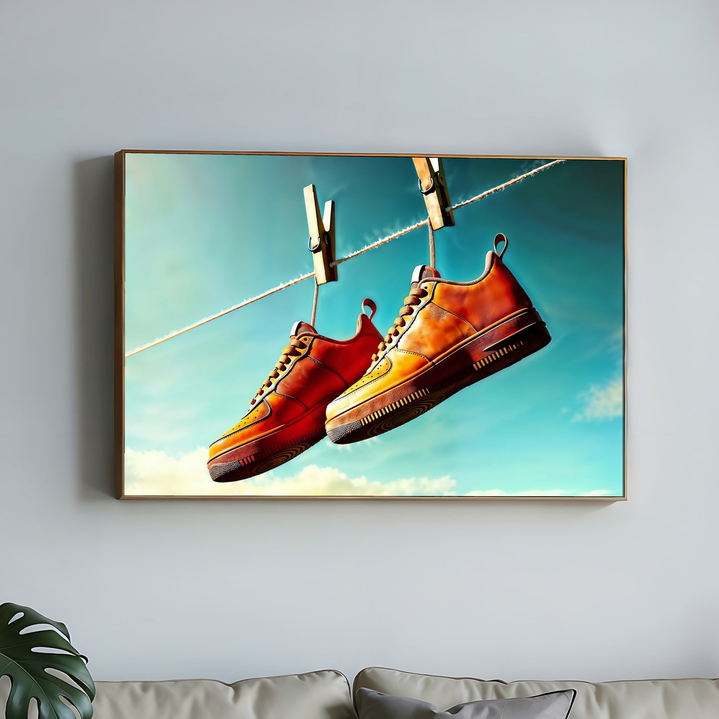 Orange Footwear Hanging from Line - Arts To GloryOrange Footwear Hanging from LineDigital Wall ArtArts To GloryModern urban wall art featuring bold orange sneakers on a washing line, contrasted against a bright blue sky, 100x70cm.