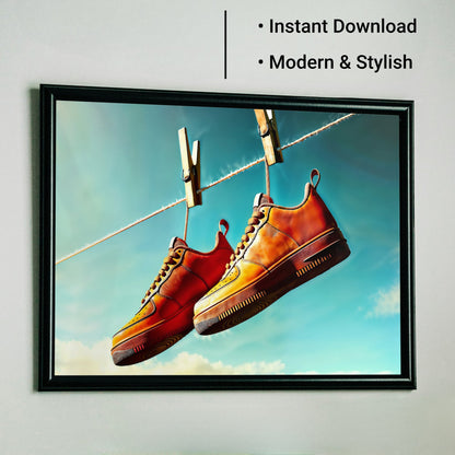 Orange Footwear Hanging from Line - Arts To GloryOrange Footwear Hanging from LineDigital Wall ArtArts To GlorySurreal digital art of bold orange sneakers hanging in a serene sky, creating a unique urban visual statement, 100x70cm.
