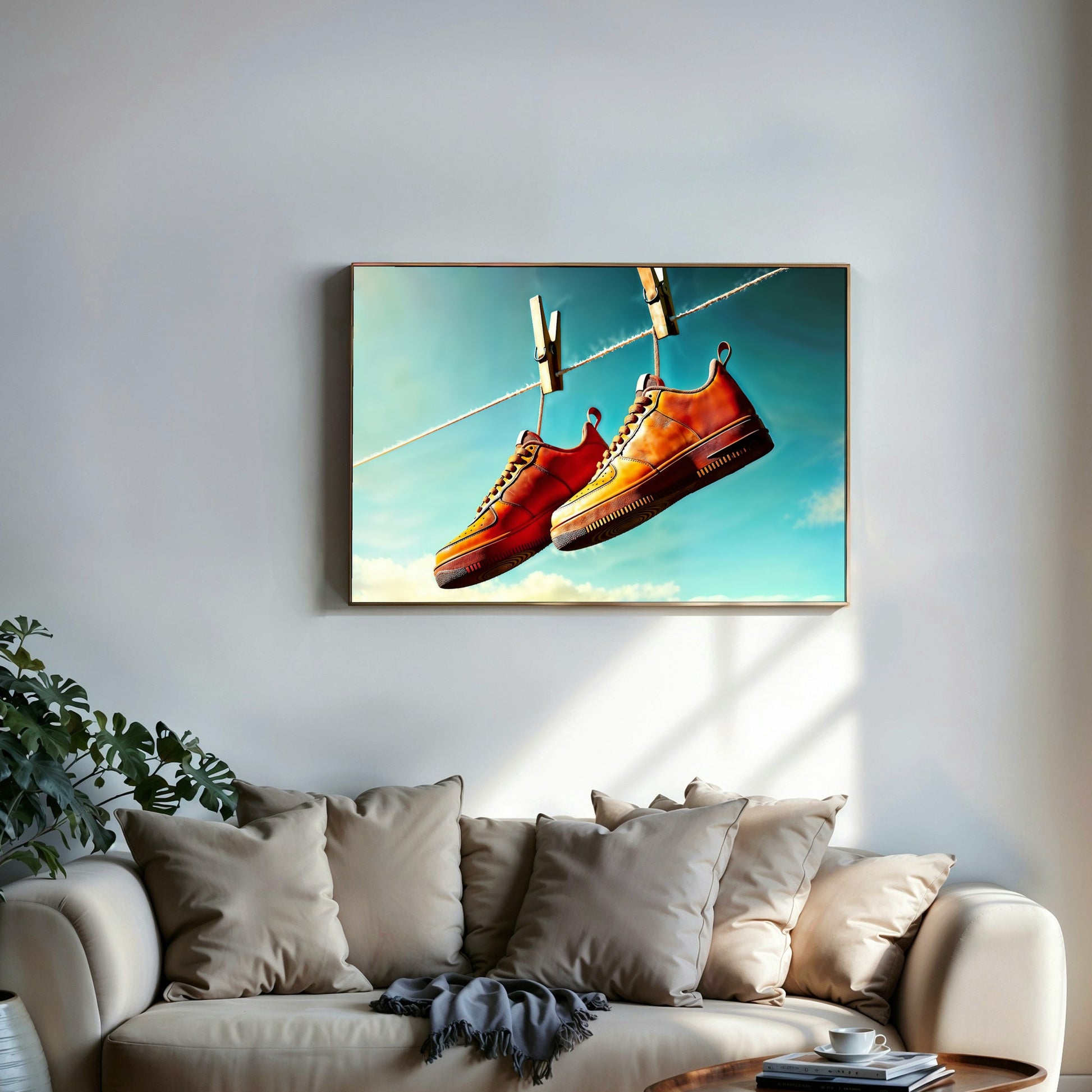 Orange Footwear Hanging from Line - Arts To GloryOrange Footwear Hanging from LineDigital Wall ArtArts To GloryUrban digital artwork with vibrant orange sneakers hanging on a washing line, set against a bright blue sky, 100x70cm.