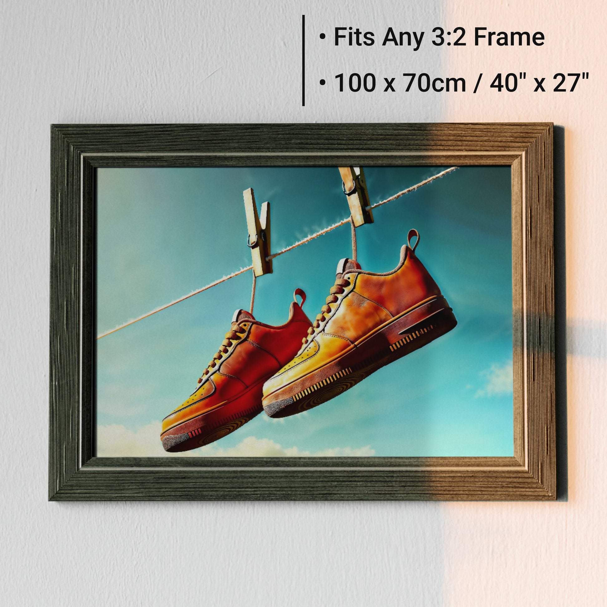 Orange Footwear Hanging from Line - Arts To GloryOrange Footwear Hanging from LineDigital Wall ArtArts To GloryVibrant digital art featuring bold orange sneakers on a washing line, set against a serene sky, ideal for urban - style interiors, 100x70cm.